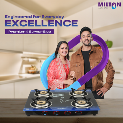 Milton 4 Burner Manual Ignition Gas Stove with 6mm Toughened Glass Top, Premium Brass Burners, Heavy Pan Supports & LPG to PNG Compatibility RED, BLUE, BLACK 2Yr Warranty