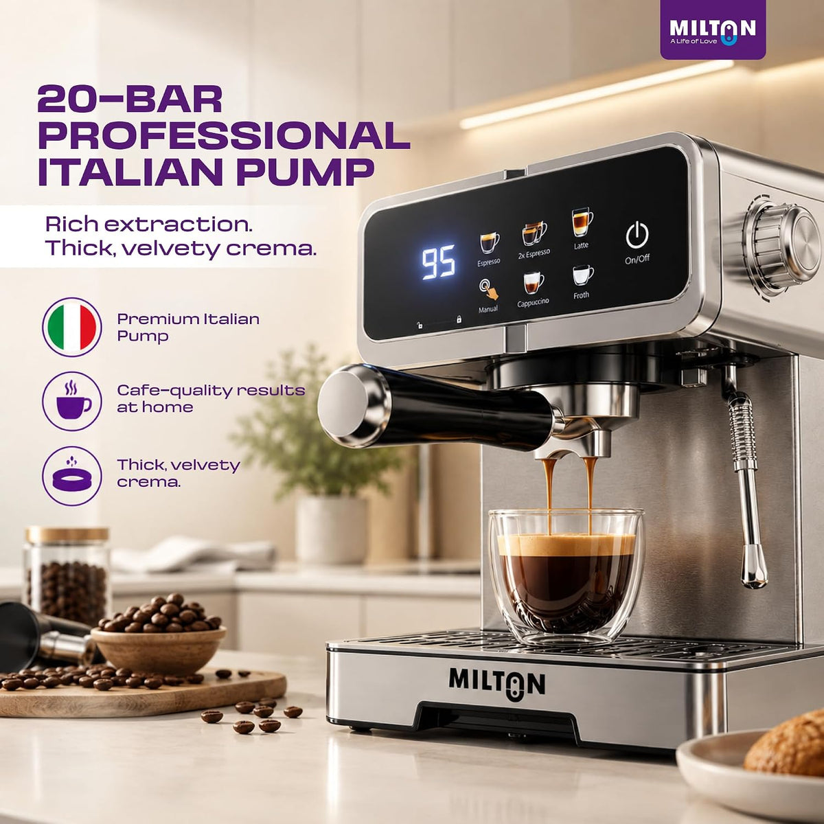 MILTON Crema Plus Espresso Coffee Maker | 20 Bar, 1350W, 1.6L, Touch Display & Steam Wand