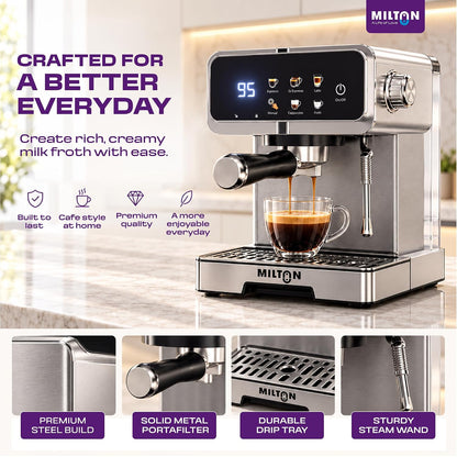 MILTON Crema Plus Espresso Coffee Maker | 20 Bar, 1350W, 1.6L, Touch Display & Steam Wand