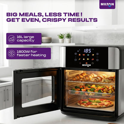 Milton Digital Air Fryer Oven 16L | 1800W | 360° High Speed Air Circulation | 12 Preset Menus |Air Fry, Bake, Grill, Roast & Reheat | Touch Control Panel | Large Capacity | 2Yr Warranty
