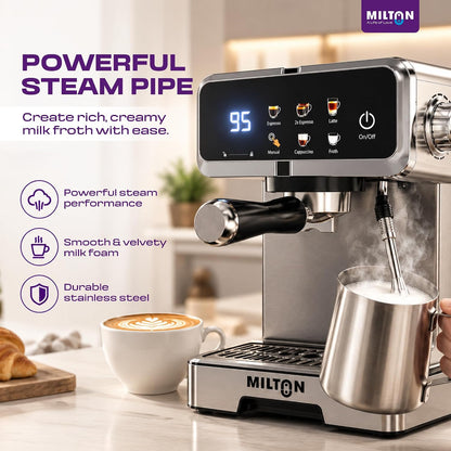 MILTON Crema Plus Espresso Coffee Maker | 20 Bar, 1350W, 1.6L, Touch Display & Steam Wand