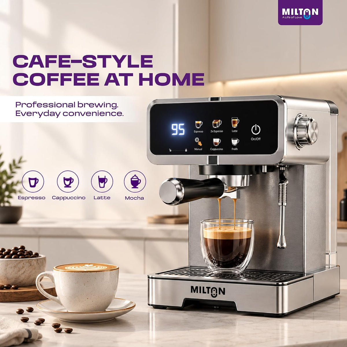 MILTON Crema Plus Espresso Coffee Maker | 20 Bar, 1350W, 1.6L, Touch Display & Steam Wand