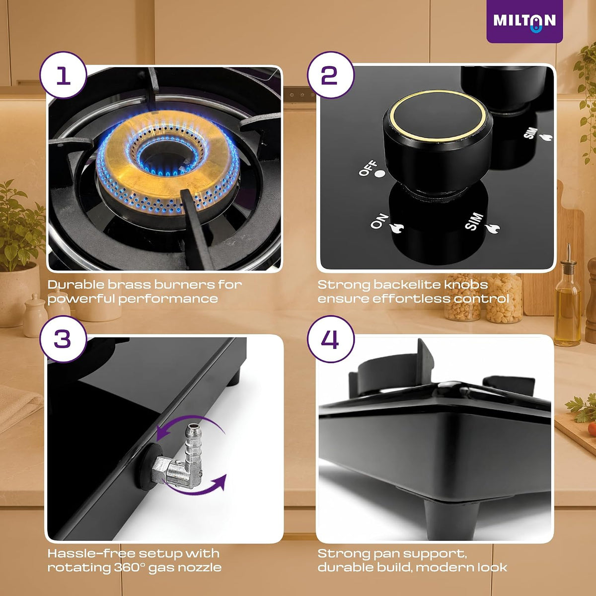 Milton Magnus 4 Burner Gas Stove Hobtop | Manual Ignition Italian SABAF Valves | 8mm Toughened Glass Top | 360° Nozzle | ISI Certified | 5 Years Glass Warranty