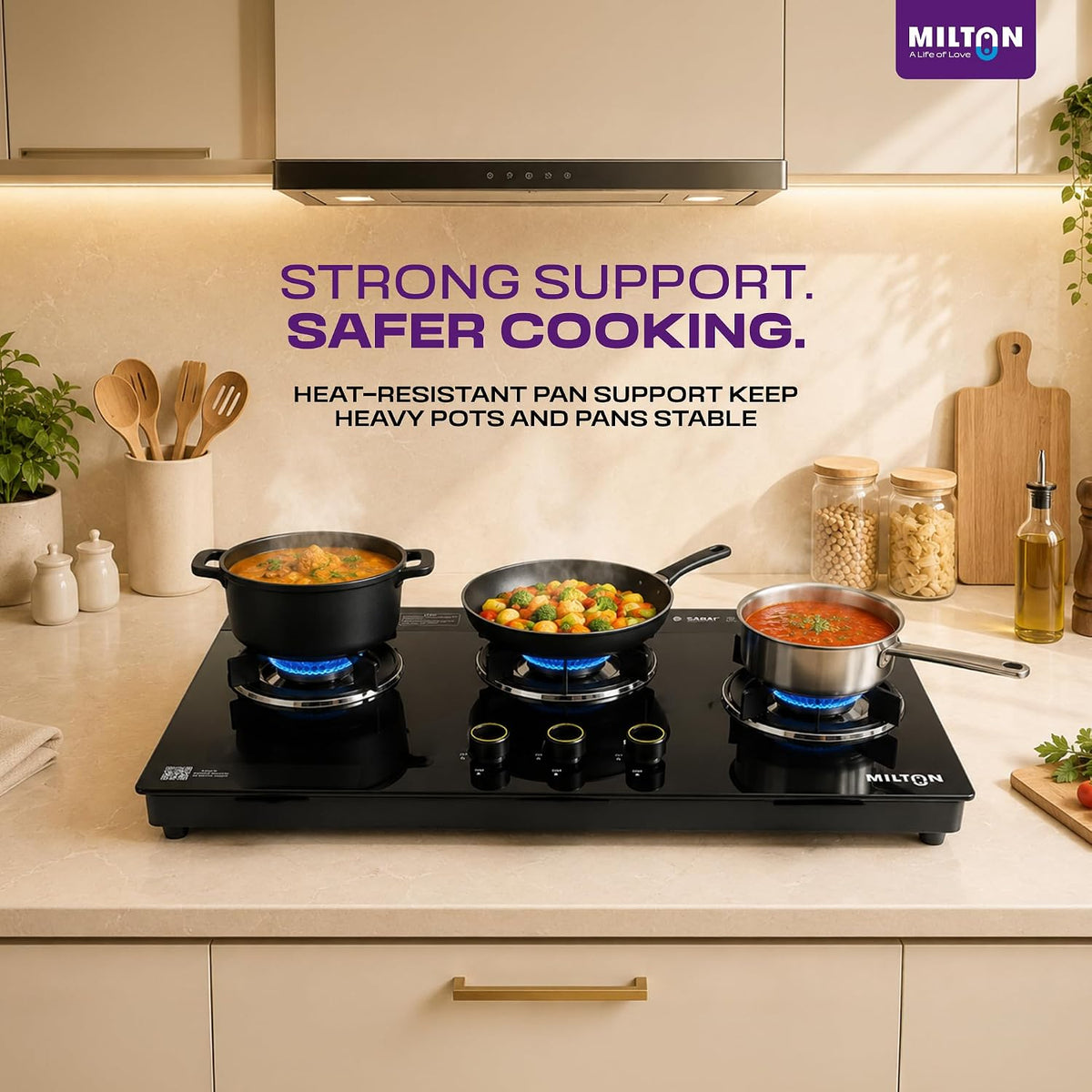 Milton Magnus 3 Burner Maunal Gas Stove Hobtop Italian SABAF Valves | 8mm Toughened Glass Top | 360° Nozzle | ISI Certified | 5 Years Glass Warranty