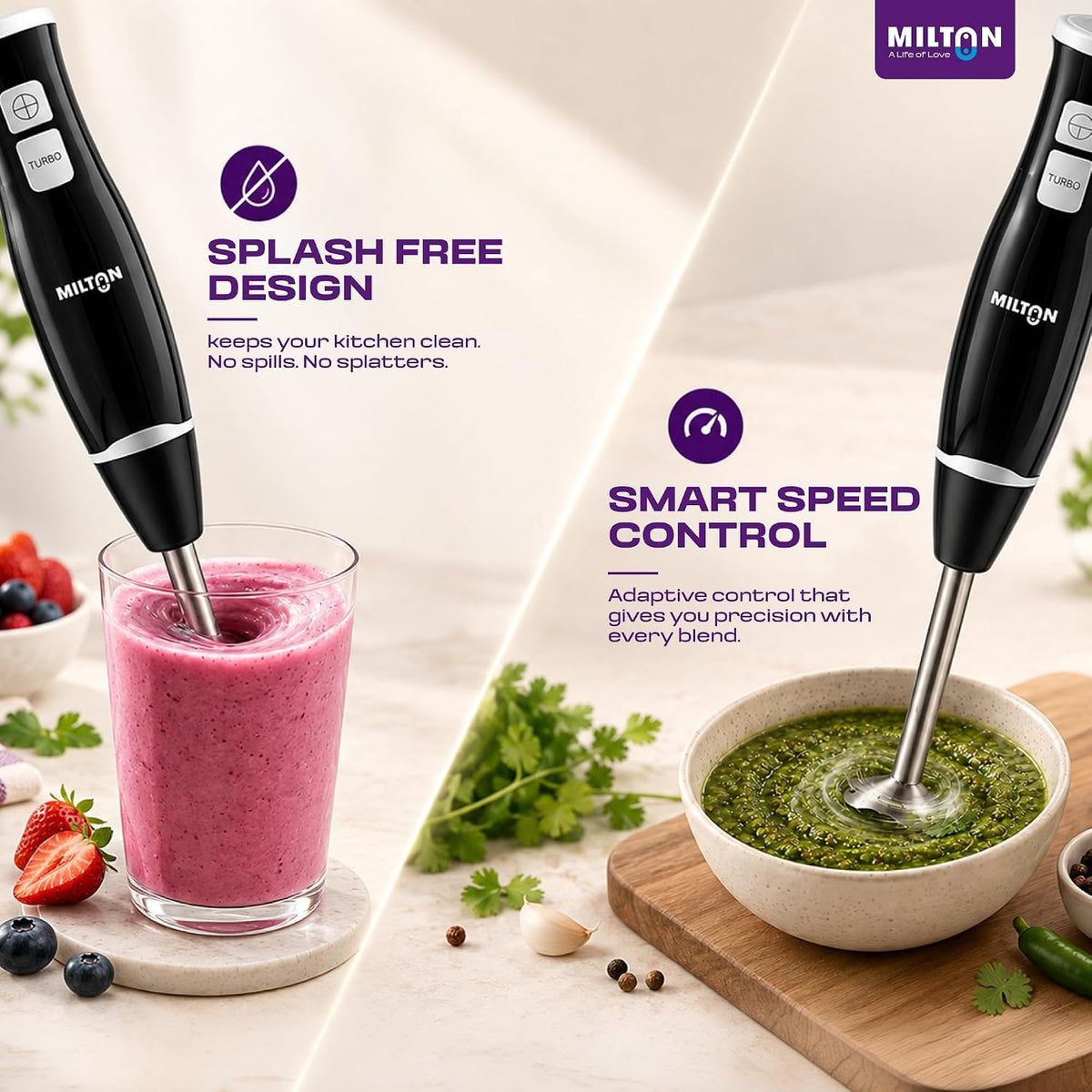 Milton Turbo 350W Hand Blender | 2-Speed Electric Mixer with Stainless Steel Blades | Portable, Lightweight & Easy-Clean for Smoothies, Juices