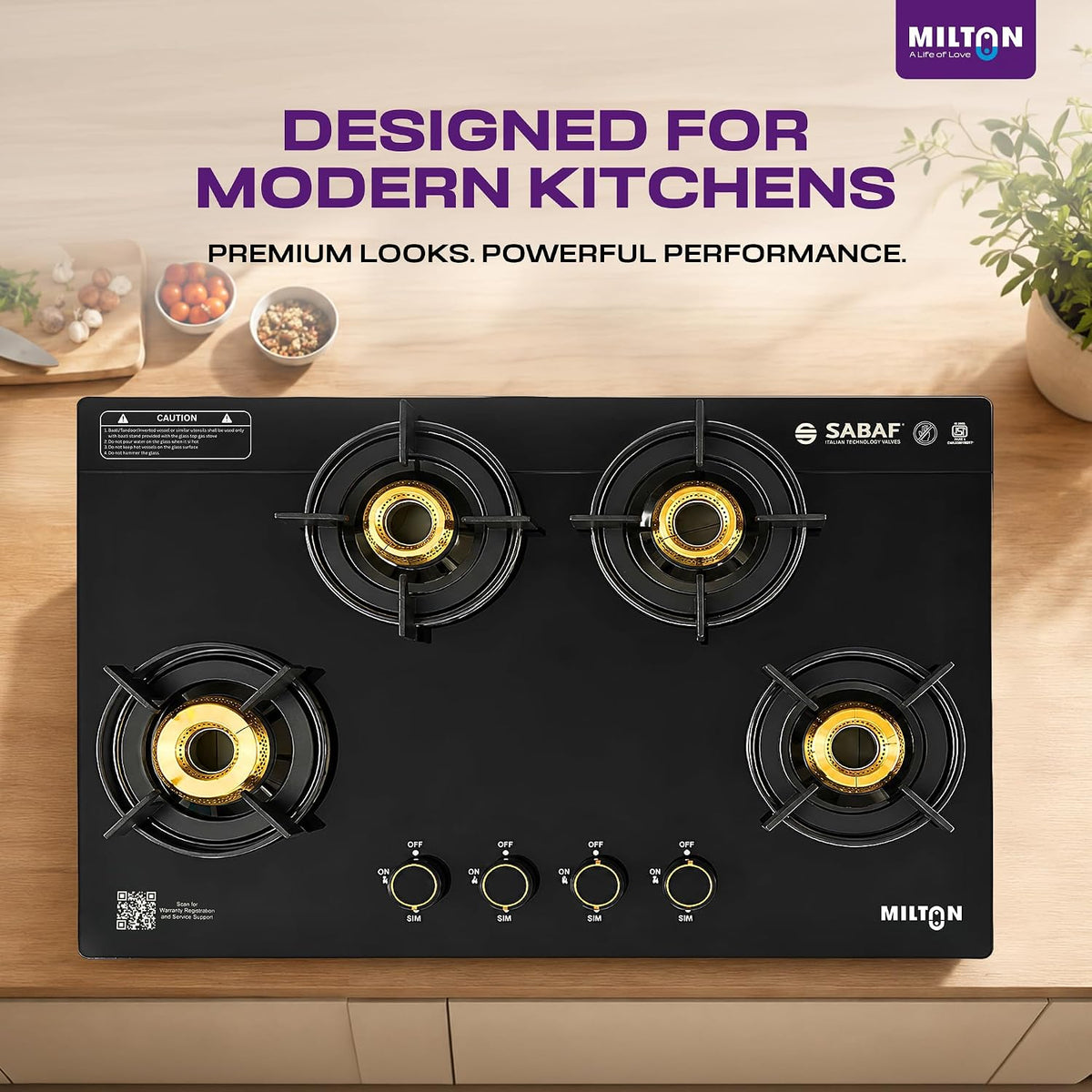 Milton Magnus 4 Burner Gas Stove Hobtop | Manual Ignition Italian SABAF Valves | 8mm Toughened Glass Top | 360° Nozzle | ISI Certified | 5 Years Glass Warranty