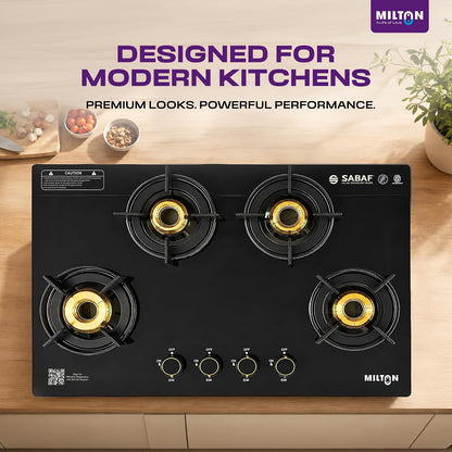 Milton Magnus 4 Burner Gas Stove Hobtop | Manual Ignition Italian SABAF Valves | 8mm Toughened Glass Top | 360° Nozzle | ISI Certified | 5 Years Glass Warranty
