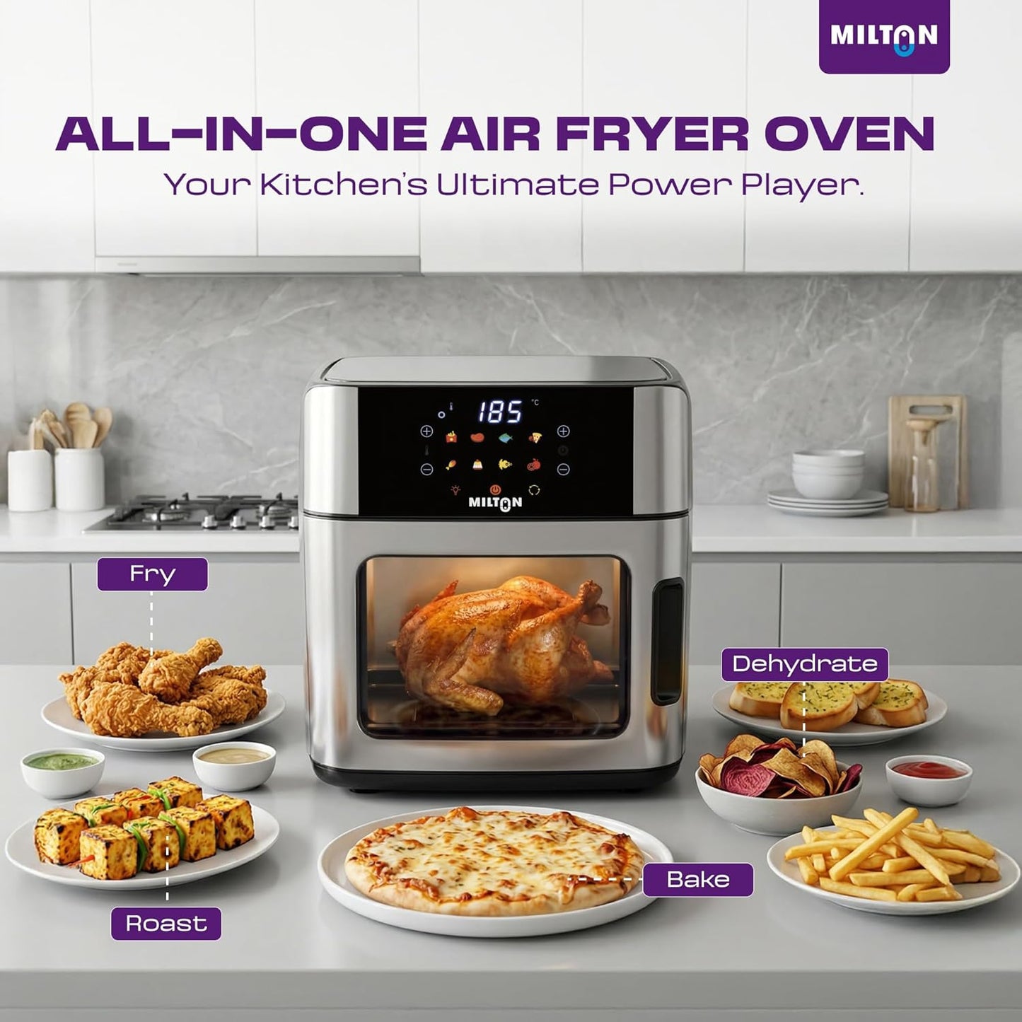 Milton Digital Air Fryer Oven 16L | 1800W | 360° High Speed Air Circulation | 12 Preset Menus |Air Fry, Bake, Grill, Roast & Reheat | Touch Control Panel | Large Capacity | 2Yr Warranty