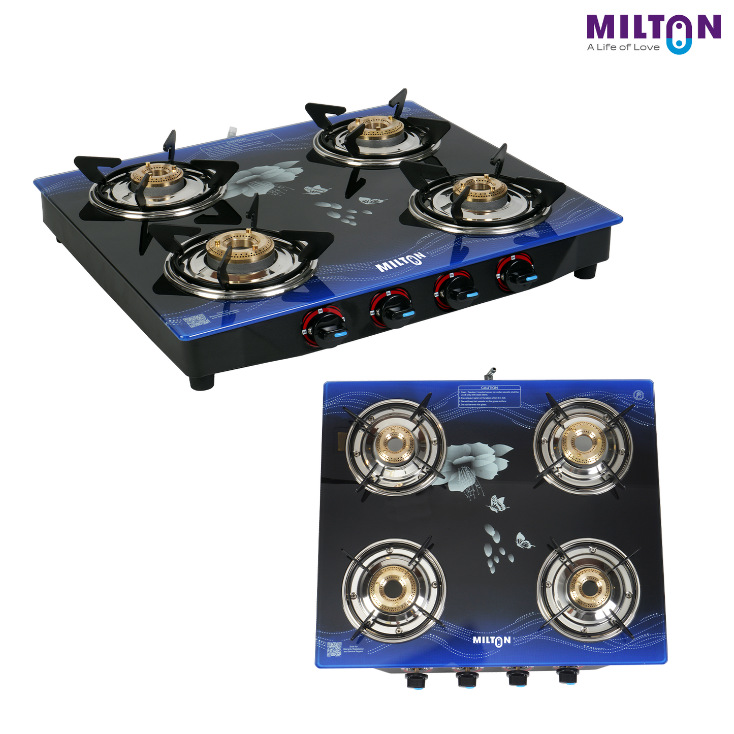 Milton 4 Burner Manual Ignition Gas Stove with 6mm Toughened Glass Top, Premium Brass Burners, Heavy Pan Supports & LPG to PNG Compatibility RED, BLUE, BLACK 2Yr Warranty