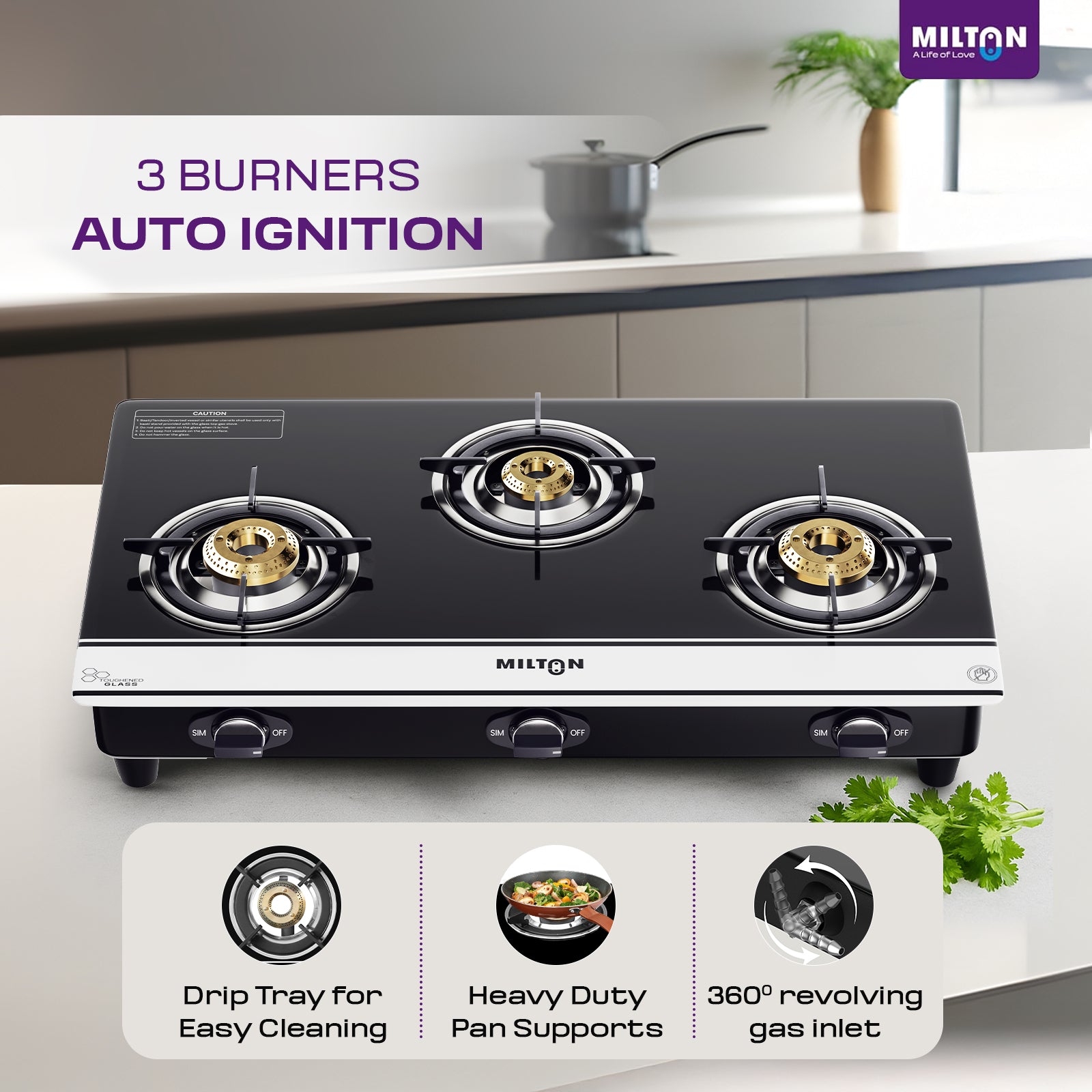 Milton Ignis Pro 3 Burners Auto Ignition Gas Stove