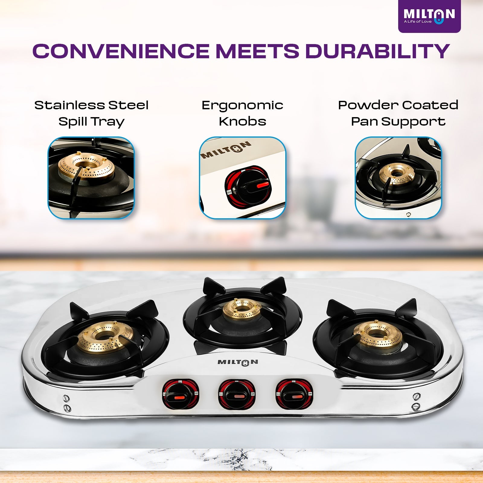 Stainless Steel Gas Stove MILTON Royal 3 Burner with Manual Ignition