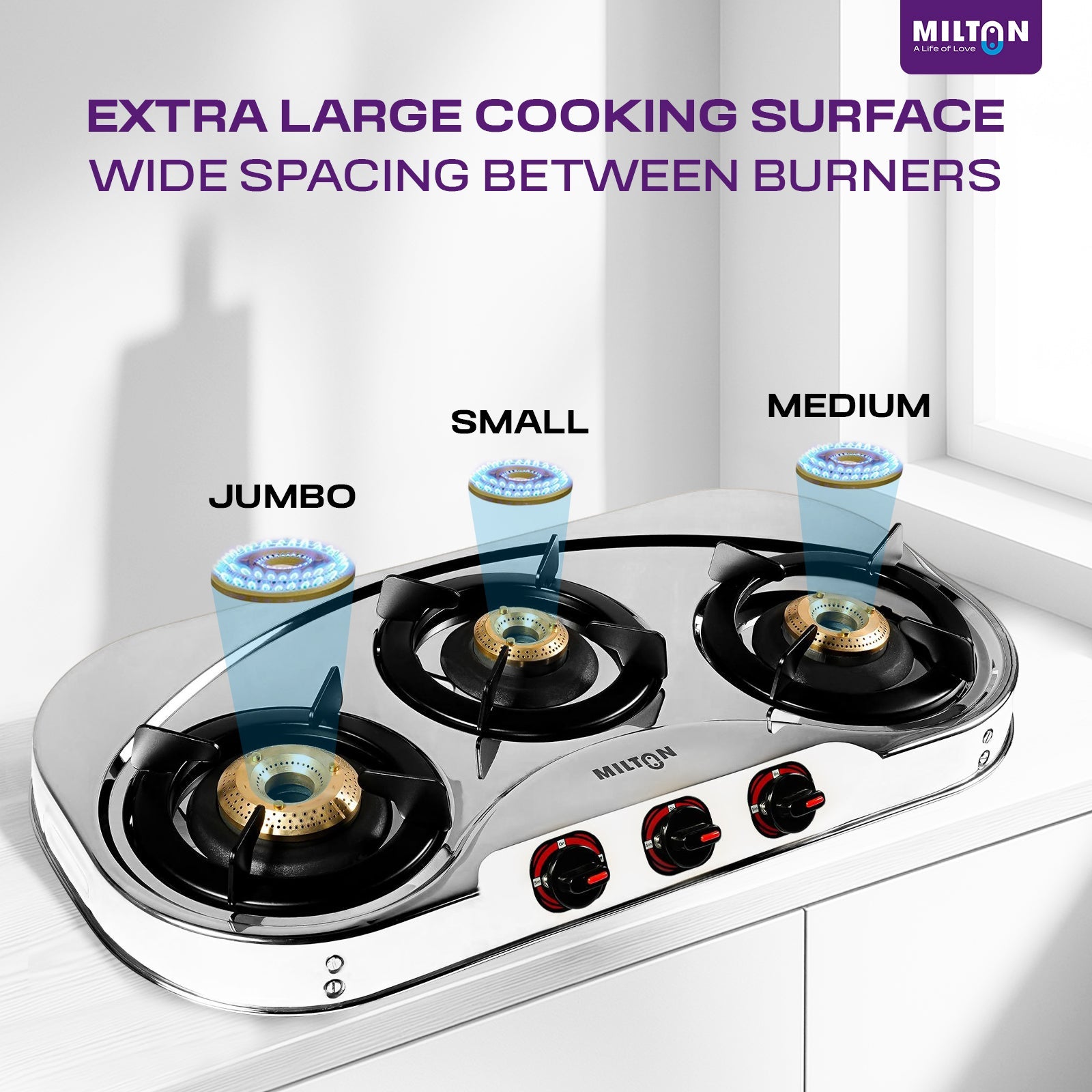 Stainless Steel Gas Stove MILTON Royal 3 Burner with Manual Ignition