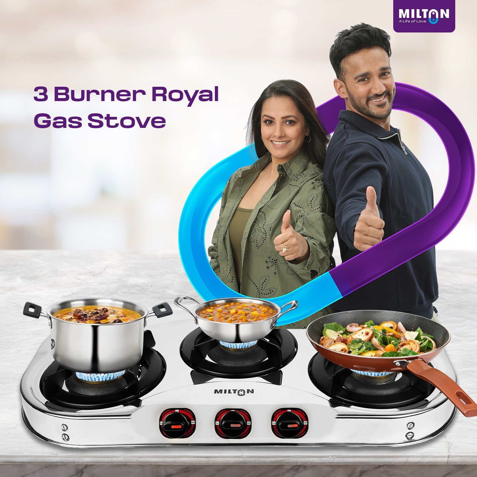 Stainless Steel Gas Stove MILTON Royal 3 Burner with Manual Ignition