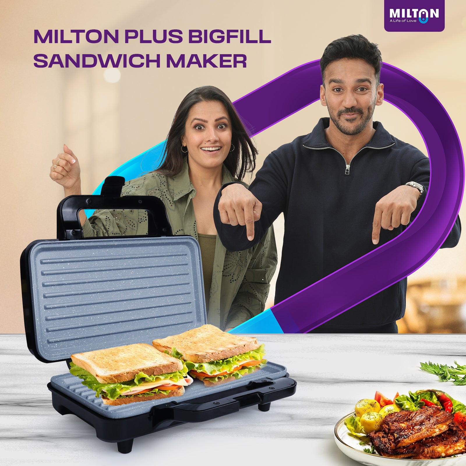 Milton Plus Bigfill 900W Ceramic Grill Sandwich Maker