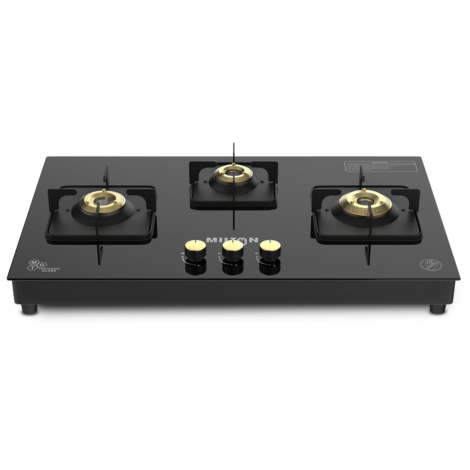Milton Champion Top Hob 3 Burner gas stove with black glass top and manual ignition knobs