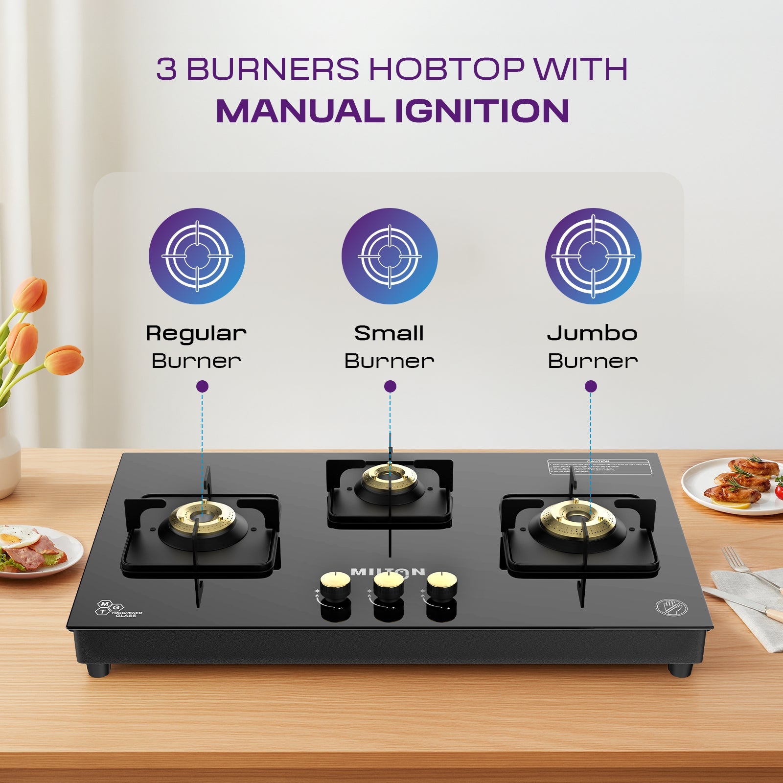 Milton Champion Top Hob 3 Burner Gas Stove Glass Top Manual Ignition