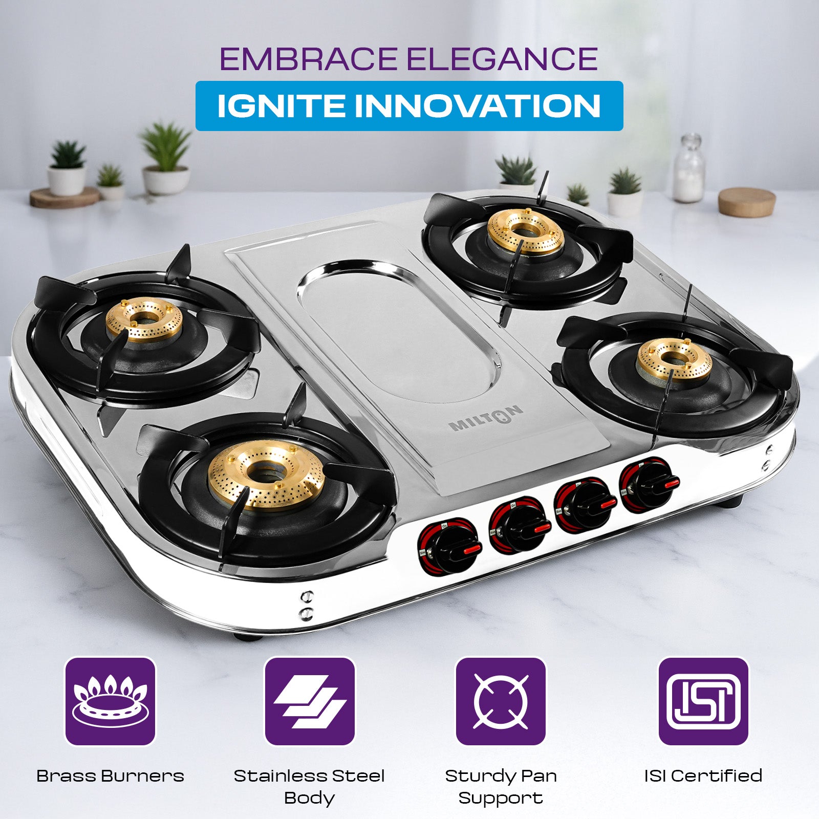 MILTON Royal Stainless Steel 4 Burners Gas Stove with Manual Ignition