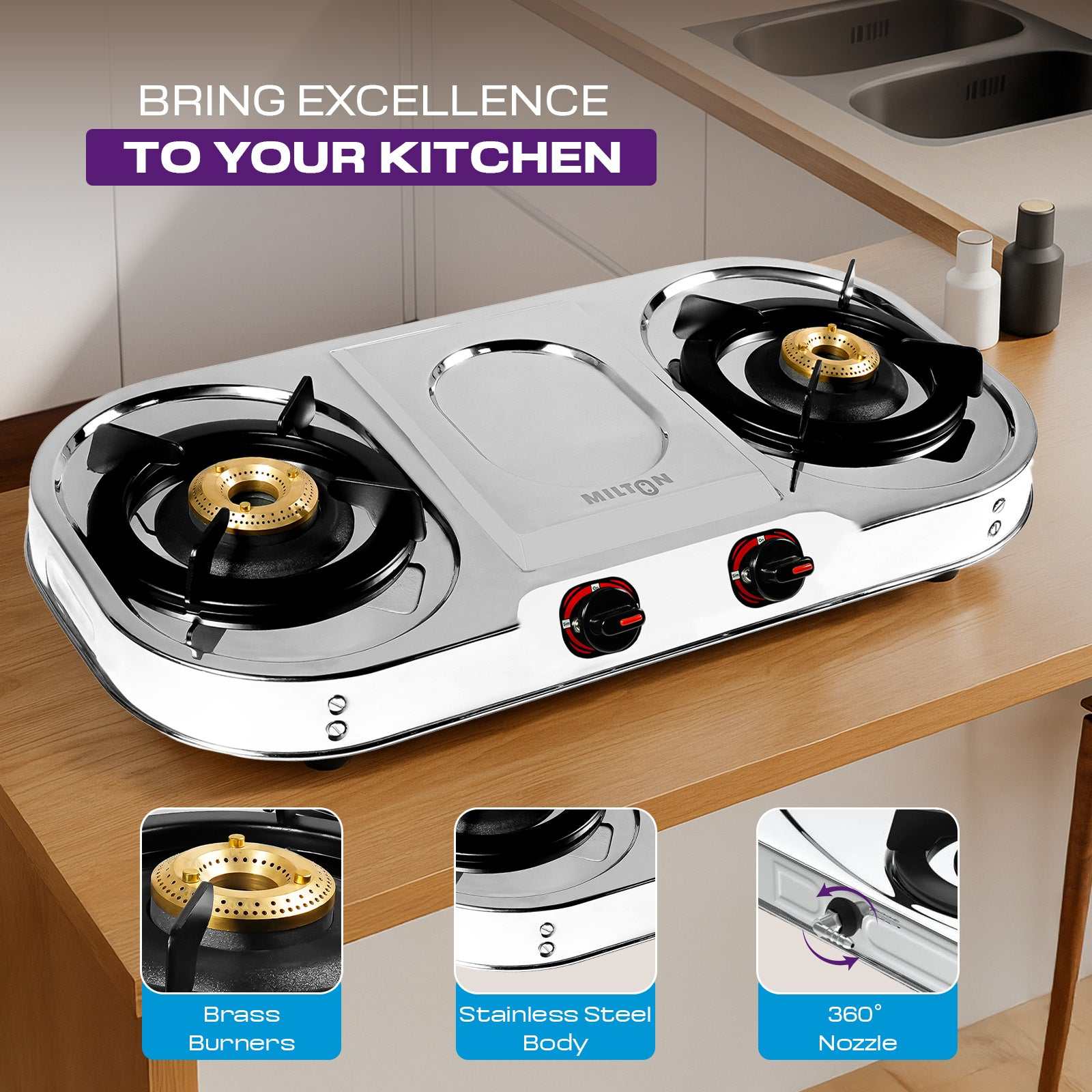 Stainless Steel Gas Stove Body MILTON Royal 2 Burner - Durable Compact
