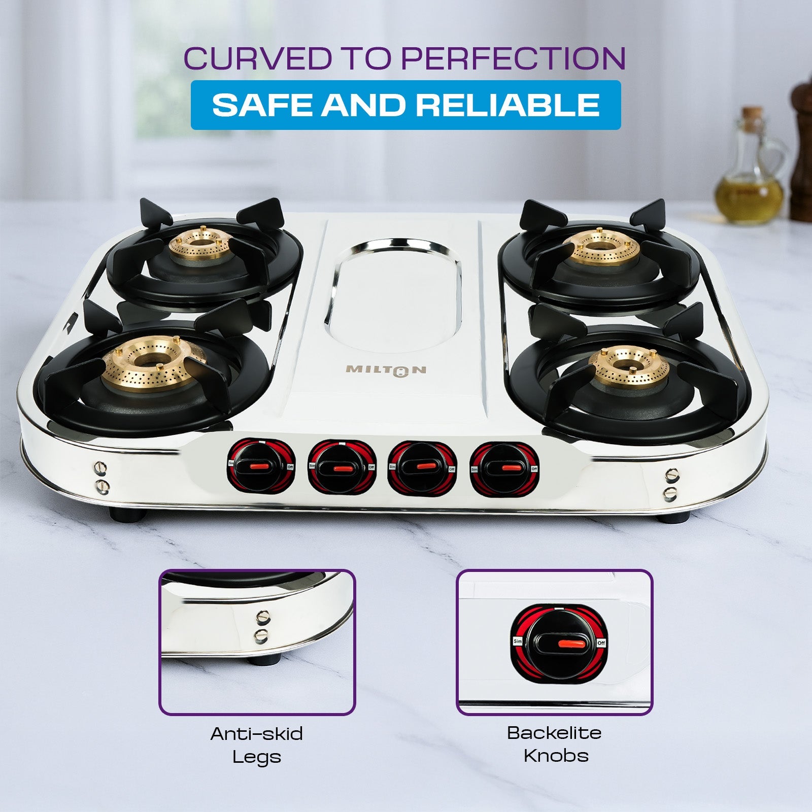 MILTON Royal Stainless Steel 4 Burners Gas Stove with Manual Ignition