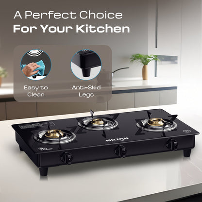 Milton Premium Pro 3 Burners Auto Ignition Gas Stove High Safety Valve