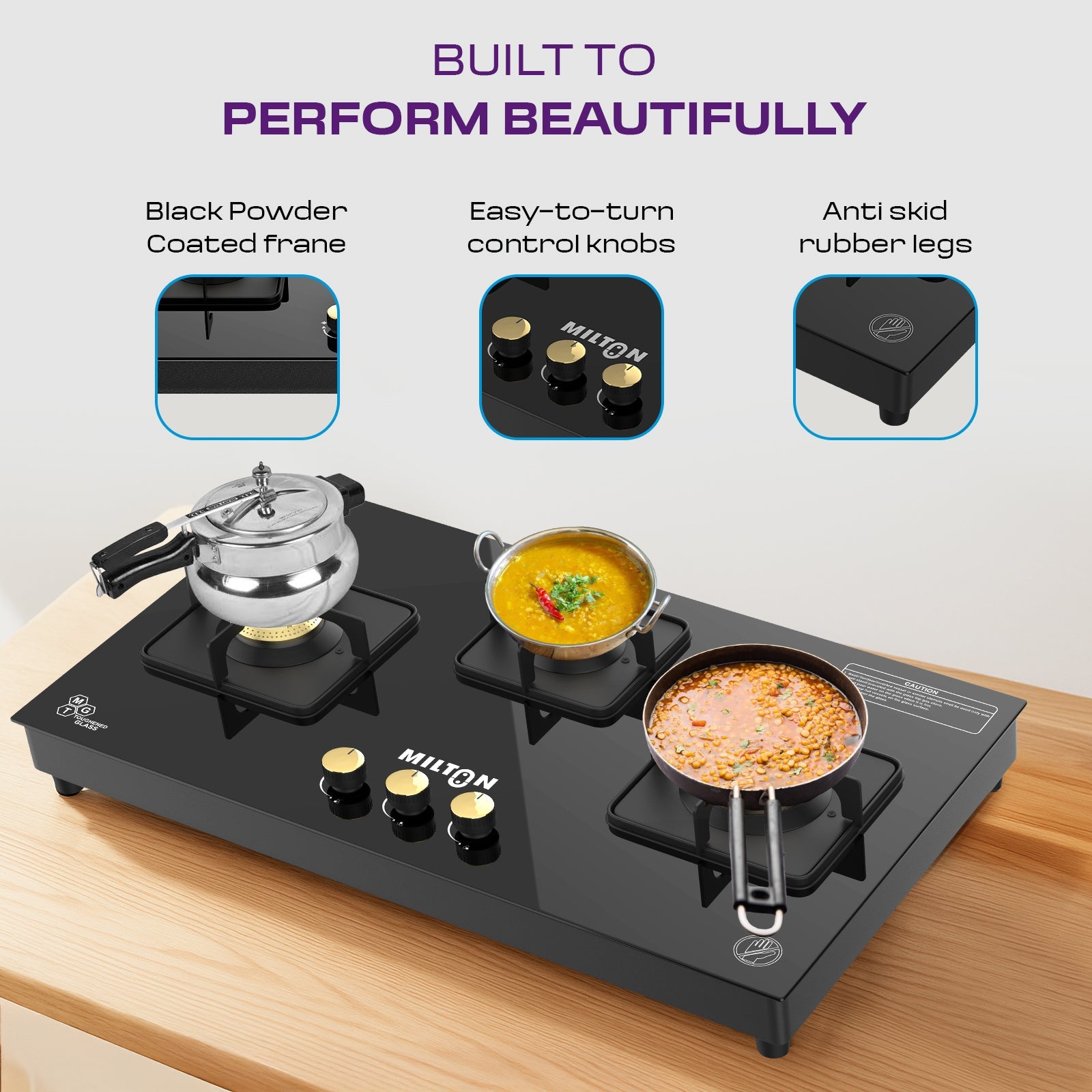 Milton Champion Top Hob 3 Burner Gas Stove Glass Top Manual Ignition