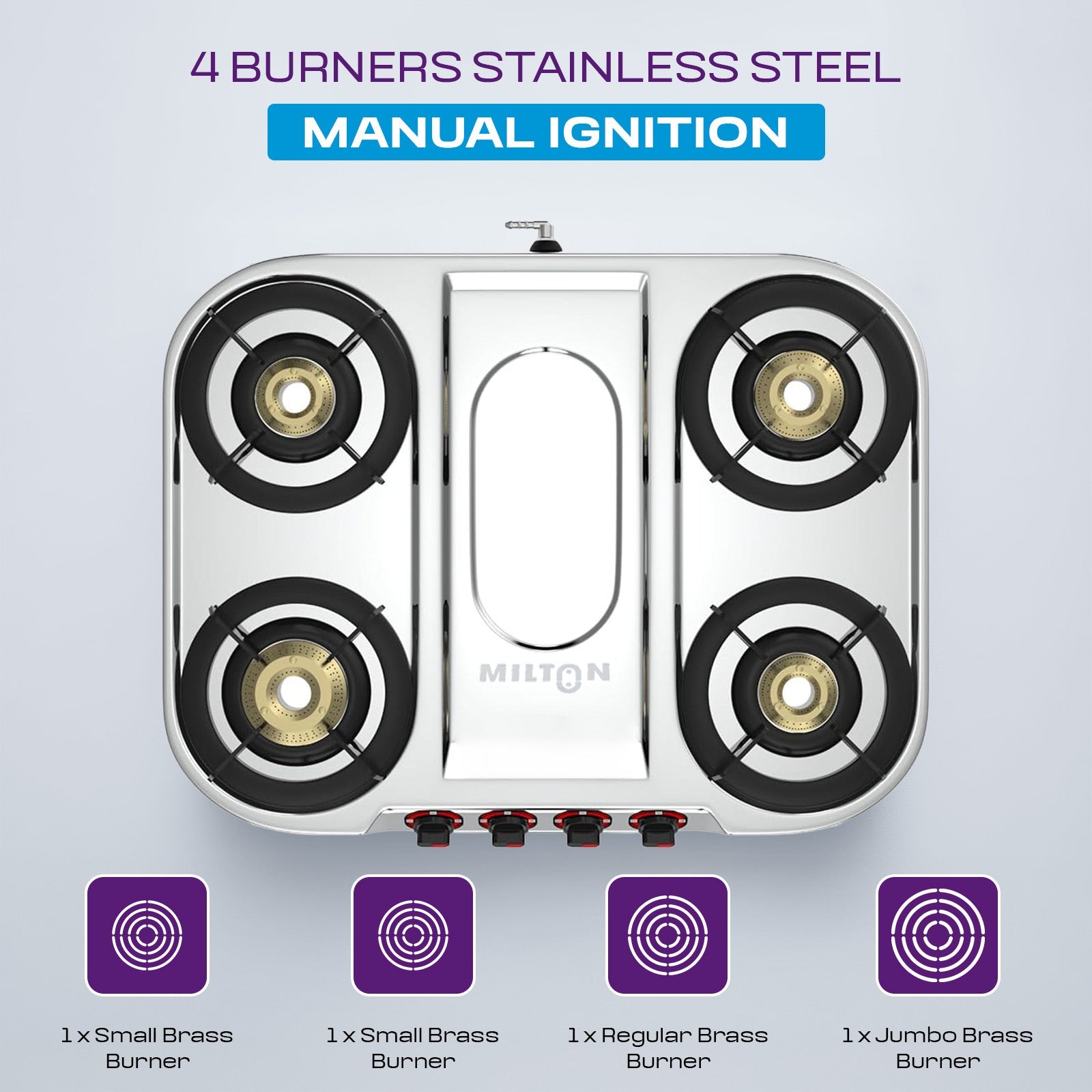 MILTON Royal Stainless Steel 4 Burners Gas Stove with Manual Ignition
