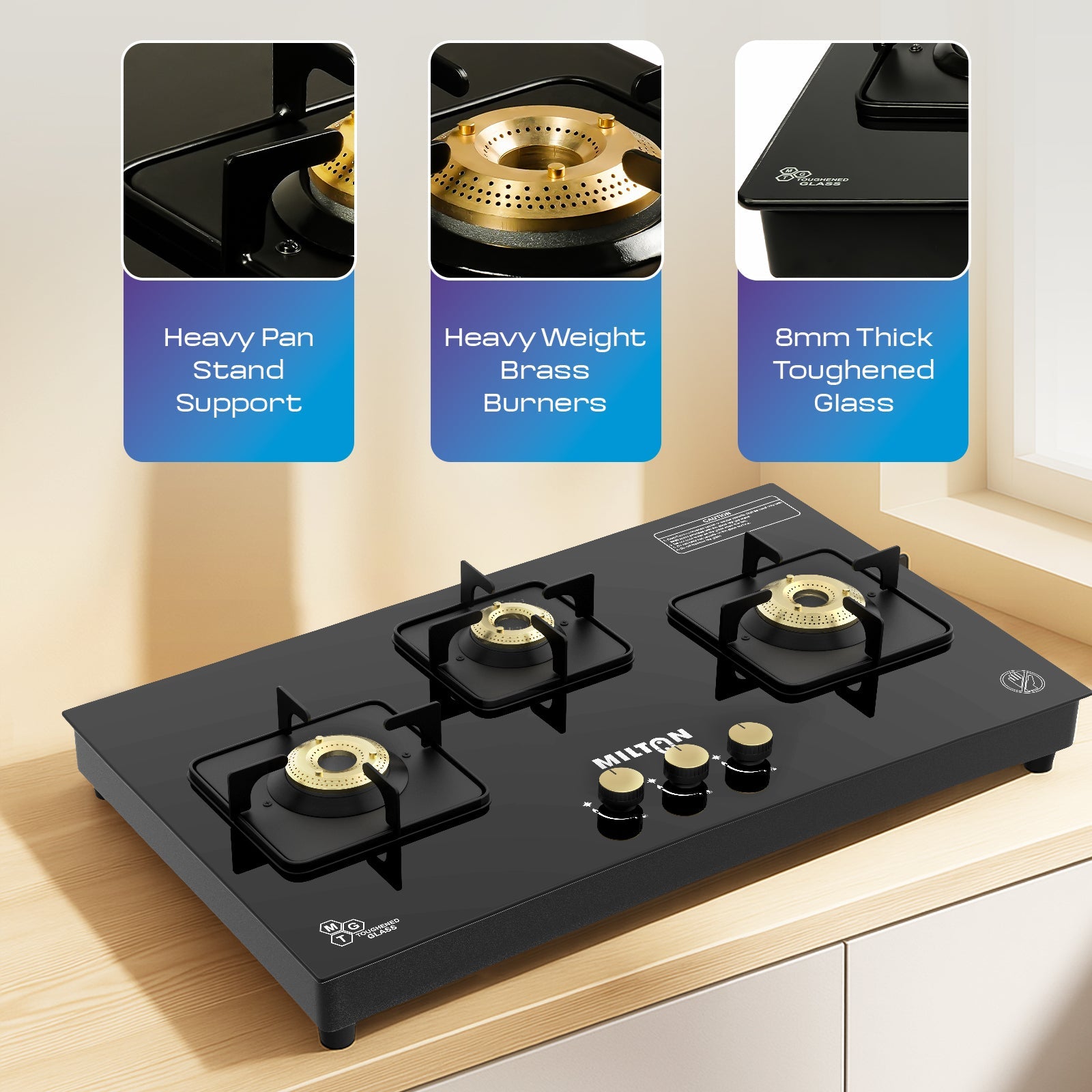 Milton Champion Top Hob 3 Burner Gas Stove Glass Top Manual Ignition