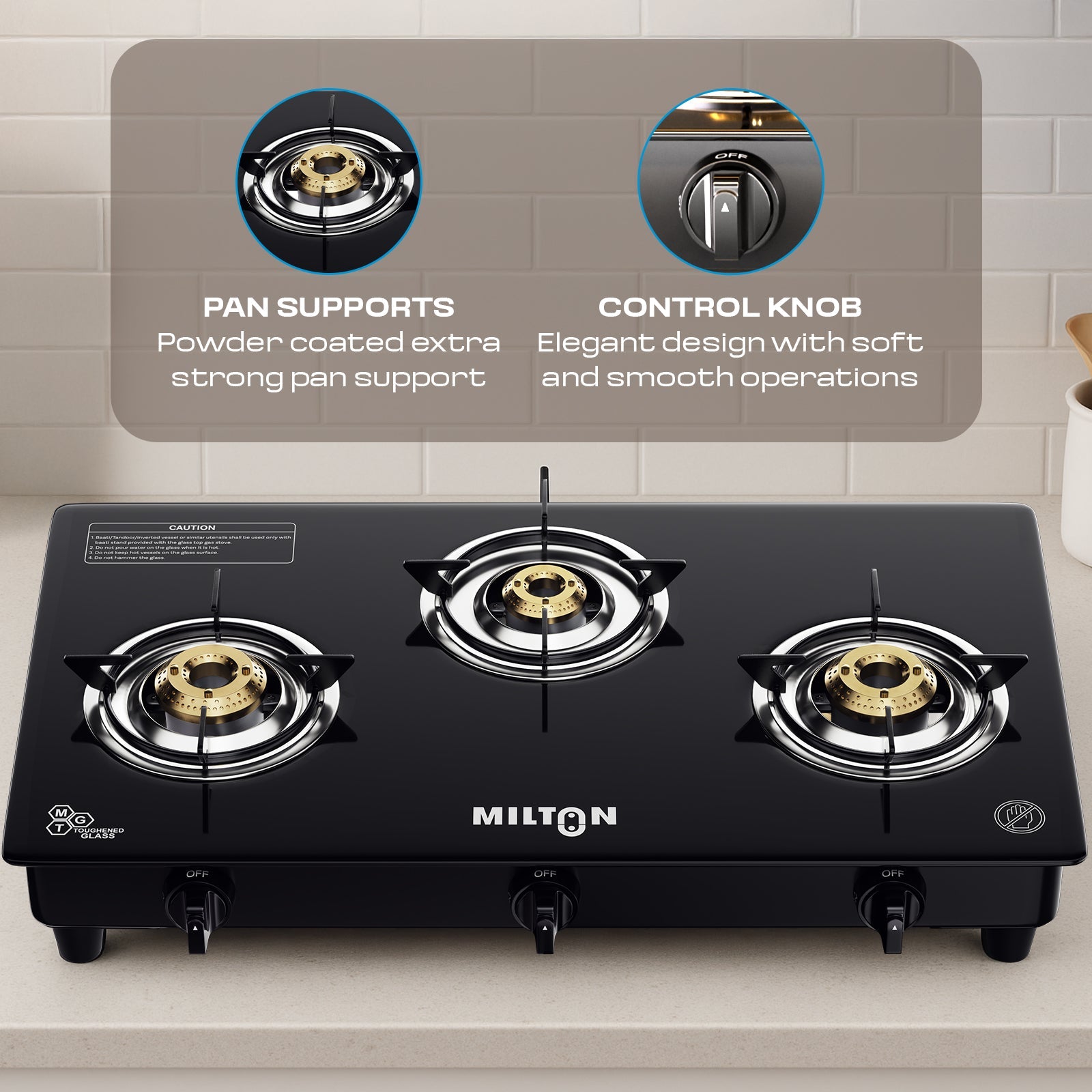 Milton Premium Pro 3 Burners Auto Ignition Gas Stove High Safety Valve