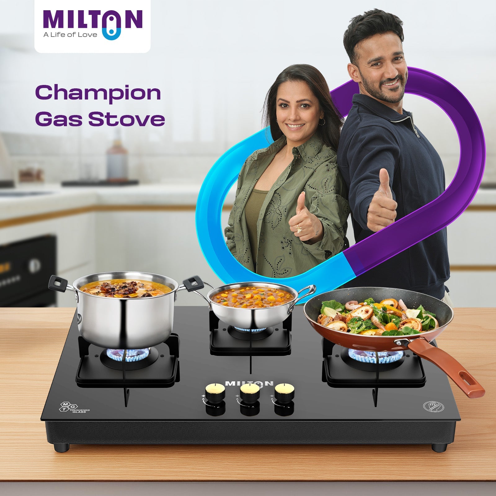 Milton Champion Top Hob 3 Burner Gas Stove Glass Top Manual Ignition