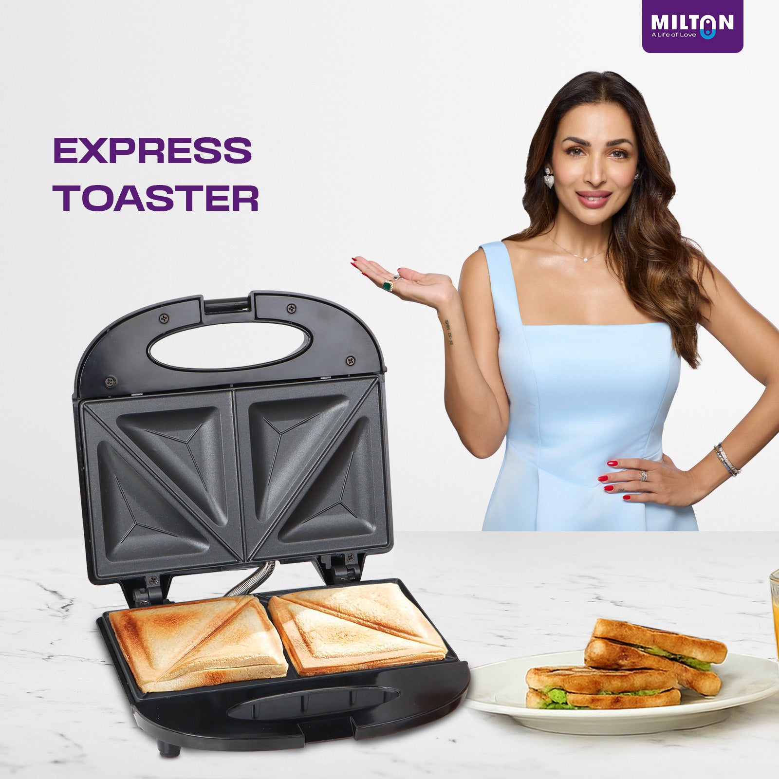 MILTON Express 800W Sandwich Toaster with Durable Die Cast Aluminium Plates | Power Indicators | Non-stick Coating | Black | 2 year warranty
