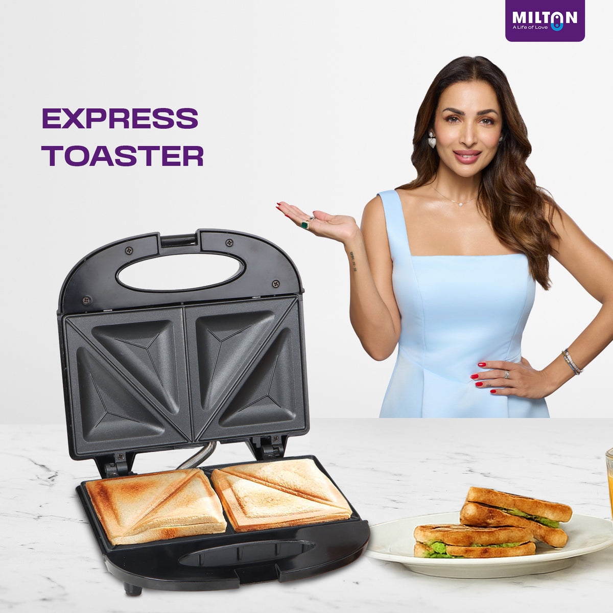 MILTON Express 800W Sandwich Toaster with Durable Die Cast Aluminium Plates | Power Indicators | Non-stick Coating | Black | 2 year warranty