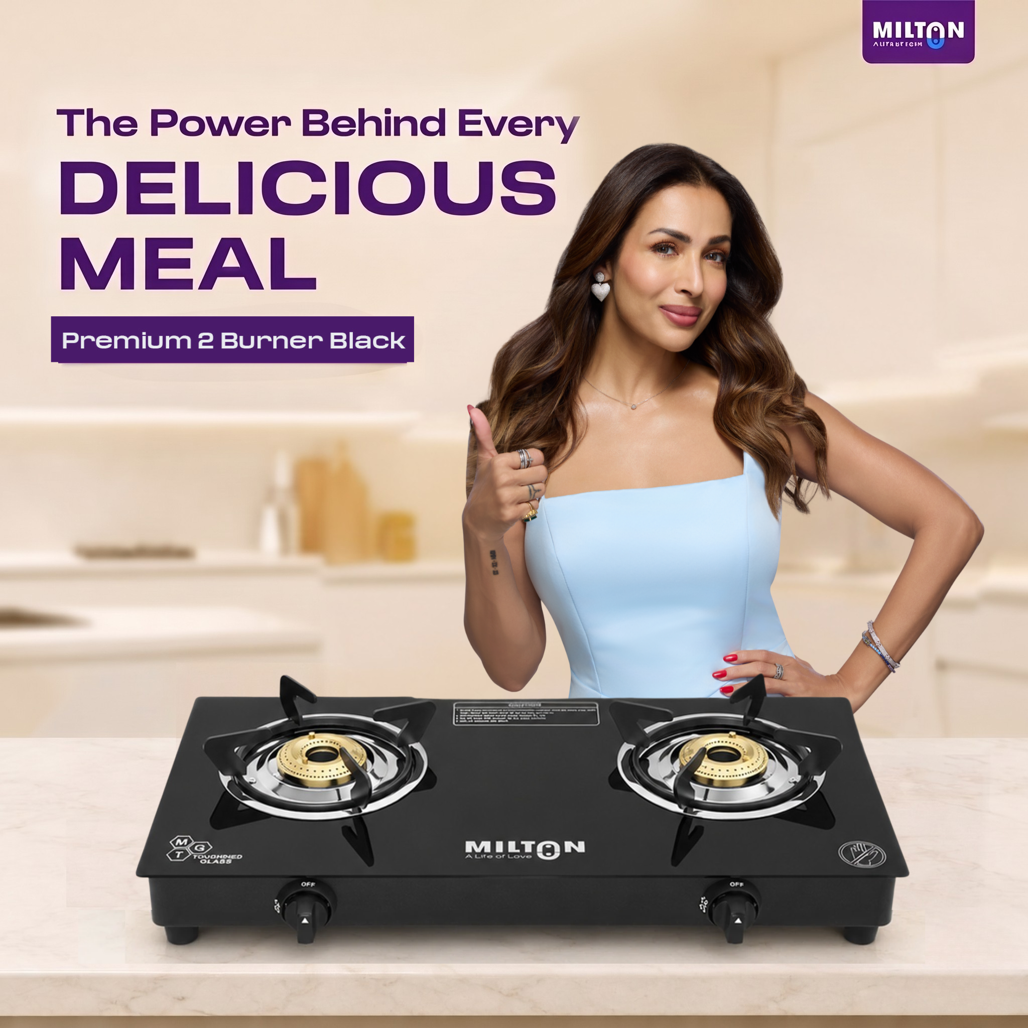 MILTON Premium 2 Burner Black Manual Ignition Toughened Glass Top Gas Stove, Heavy-Duty Brass Burners (ISI Certified) 2 Yr Warranty