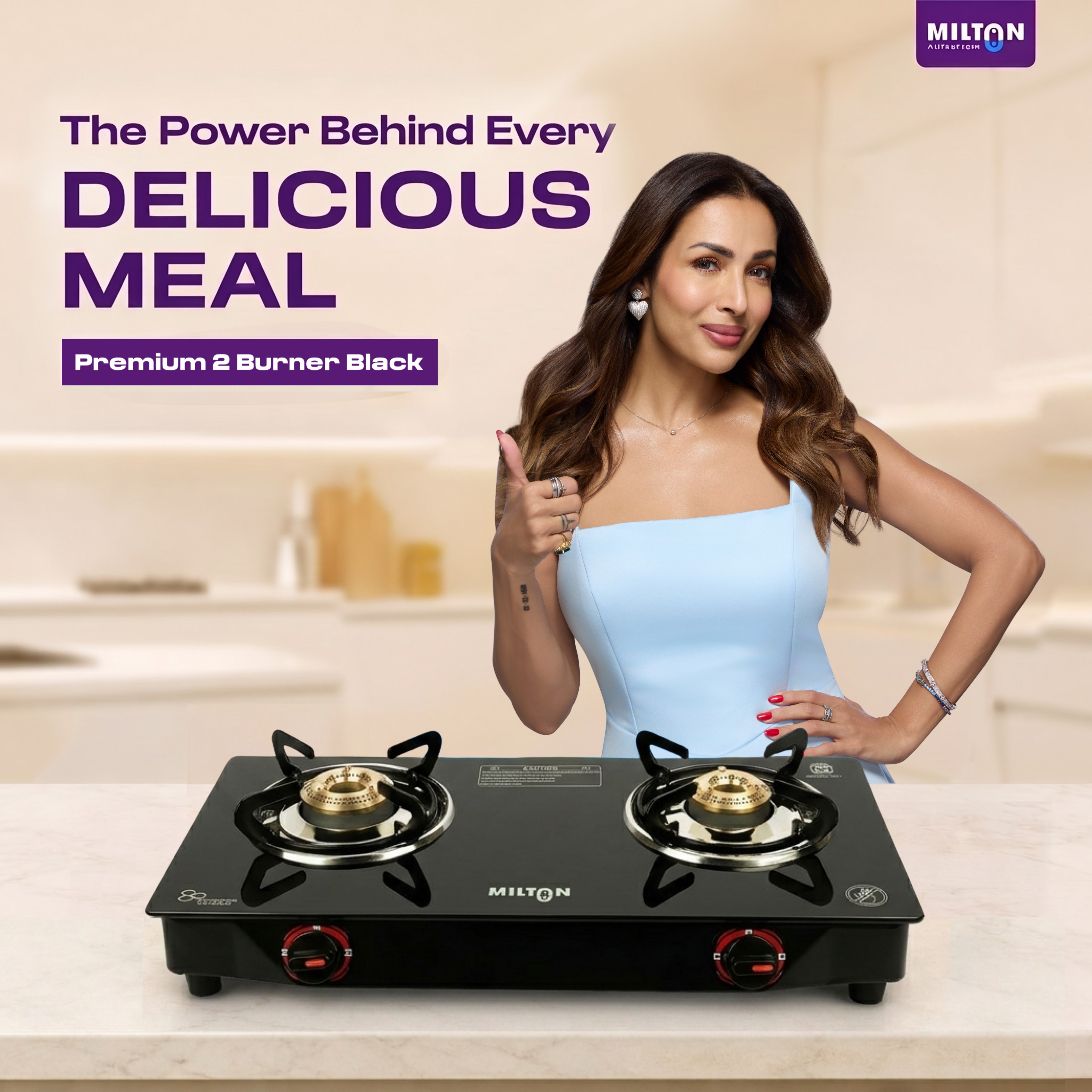 MILTON Premium 2 Burner Black Manual Ignition Toughened Glass Top Gas Stove, Heavy-Duty Brass Burners (ISI Certified) 2 Yr Warranty