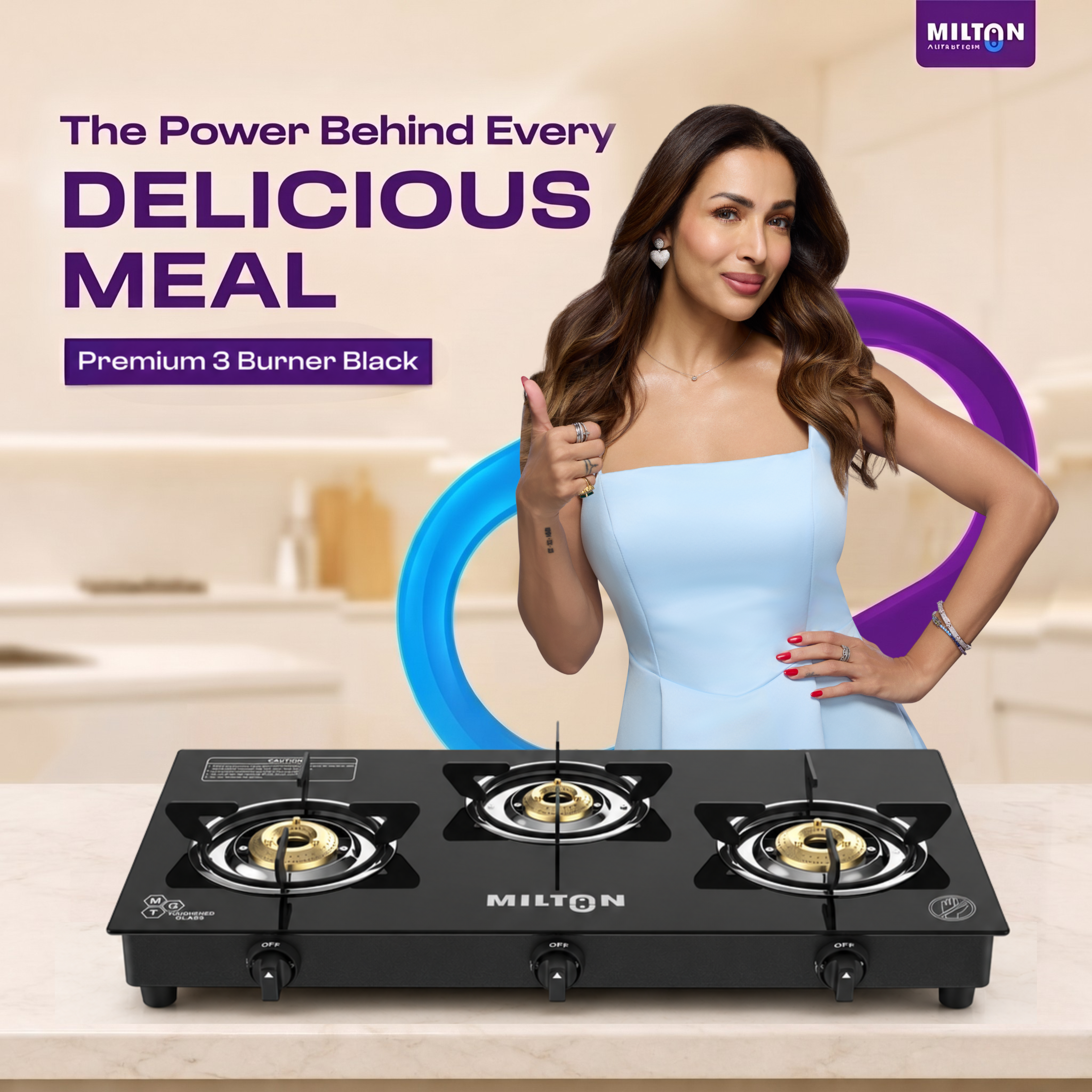 Milton 3 Burner Manual Ignition Gas Stove with 6mm Toughened Red Glass Top, Premium Brass Burners, Heavy Pan Supports & LPG to PNG Compatibility 2Yr Warranty