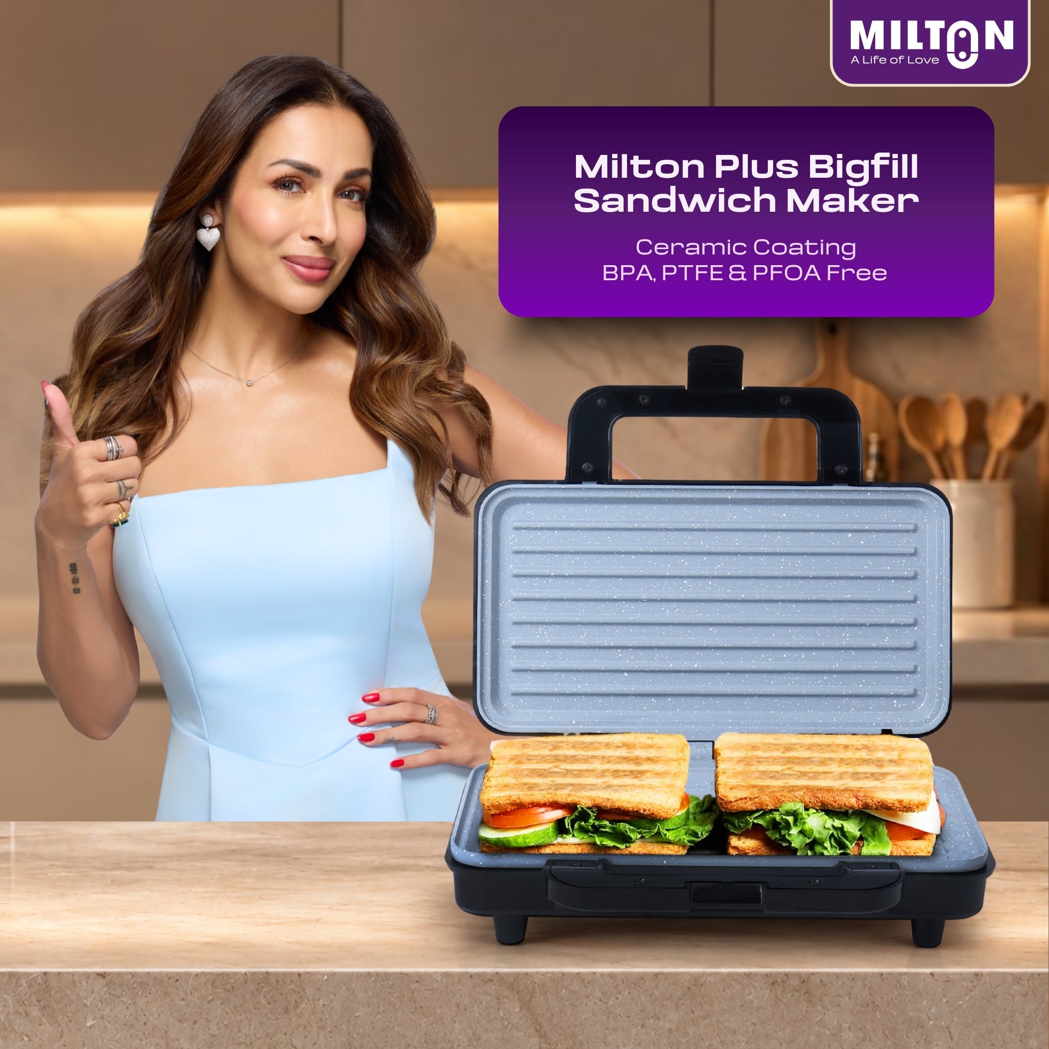 Milton Plus Bigfill 900W Ceramic Coating Grill Sandwich Maker | Scratch Resistant | Auto Cut-Off | 105° Open Mouth | Bakelite Body | BPA, PTFE & PFOA Free | Jumbo Bread 285x150mm | 2 Yr Warranty