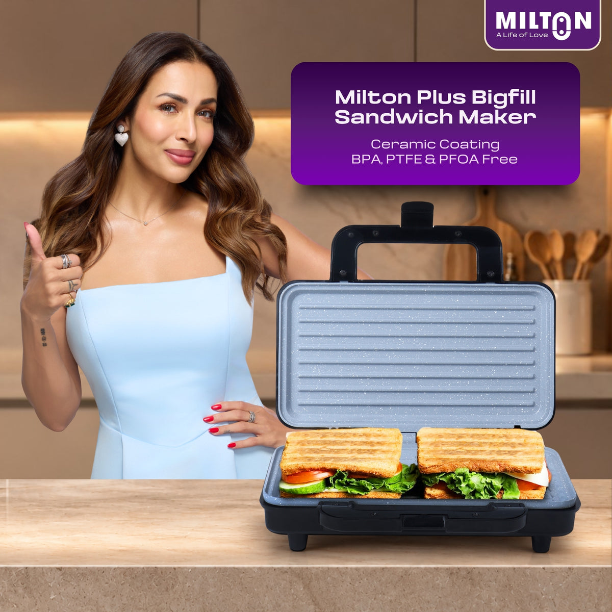 Milton Plus Bigfill 900W Ceramic Coating Grill Sandwich Maker | Scratch Resistant | Auto Cut-Off | 105° Open Mouth | Bakelite Body | BPA, PTFE & PFOA Free | Jumbo Bread 285x150mm | 2 Yr Warranty