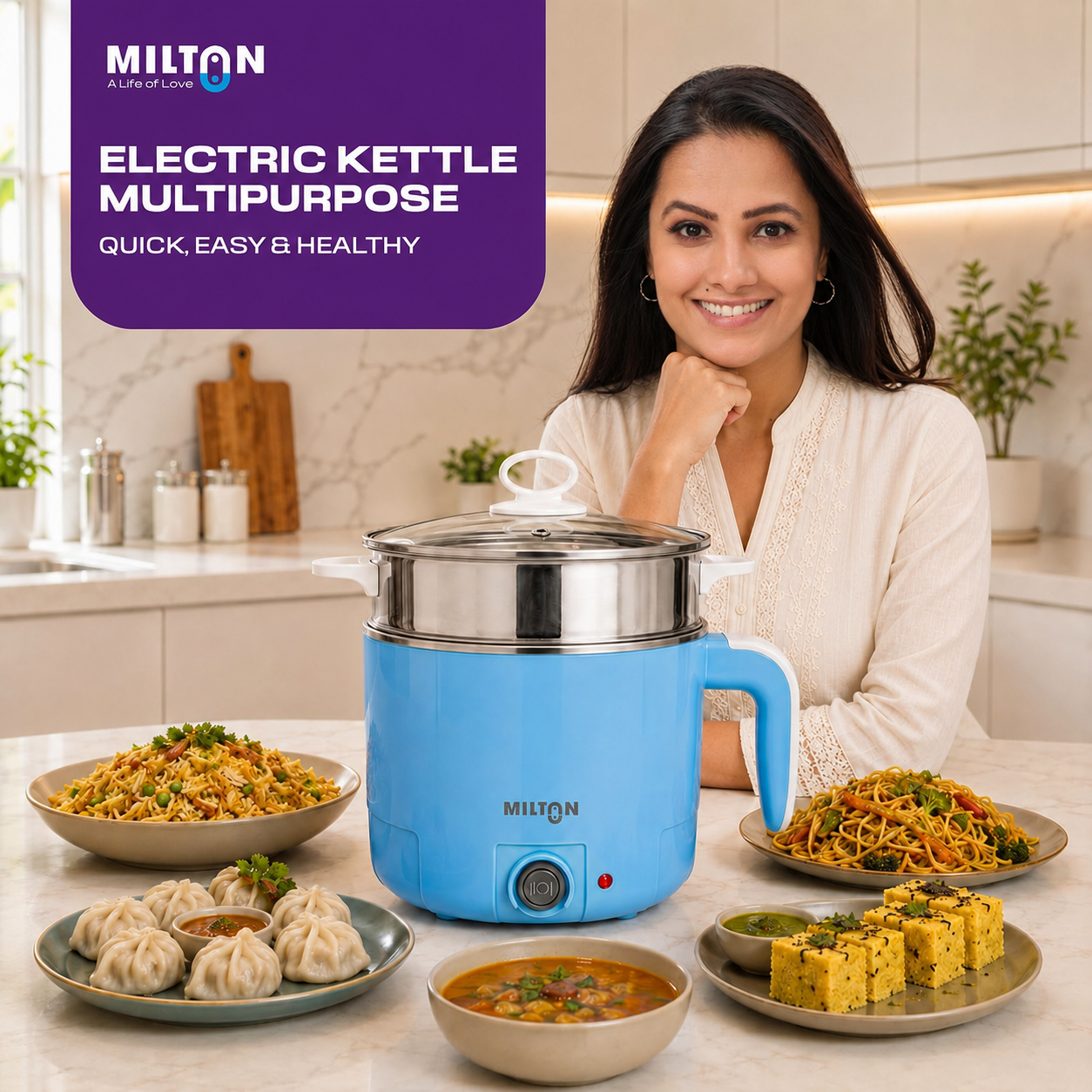 Milton Electric Kettle Multipurpose 1.2L | 600W Multi Cooker Kessel | 4-in-1 with Idli Stand (2 Plates), Steamer With Stainless Steel Stand, Egg Boiler | 2 Year Warranty