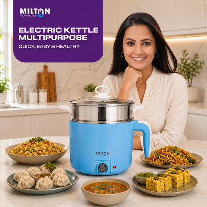Milton Electric Kettle Multipurpose 1.2L | 600W Multi Cooker Kessel | 4-in-1 with Idli Stand (2 Plates), Steamer With Stainless Steel Stand, Egg Boiler | 2 Year Warranty