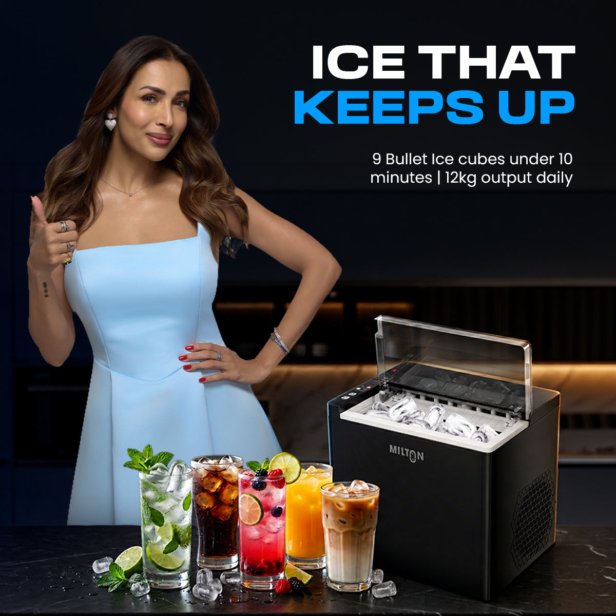 Milton Ice Maker Machine 1.5L 9 Bullet Ice Cubes in 6–8 Mins 12Kg/24Hrs 2 Size ice cubes Portable Countertop Ice Maker 2Yr warranty