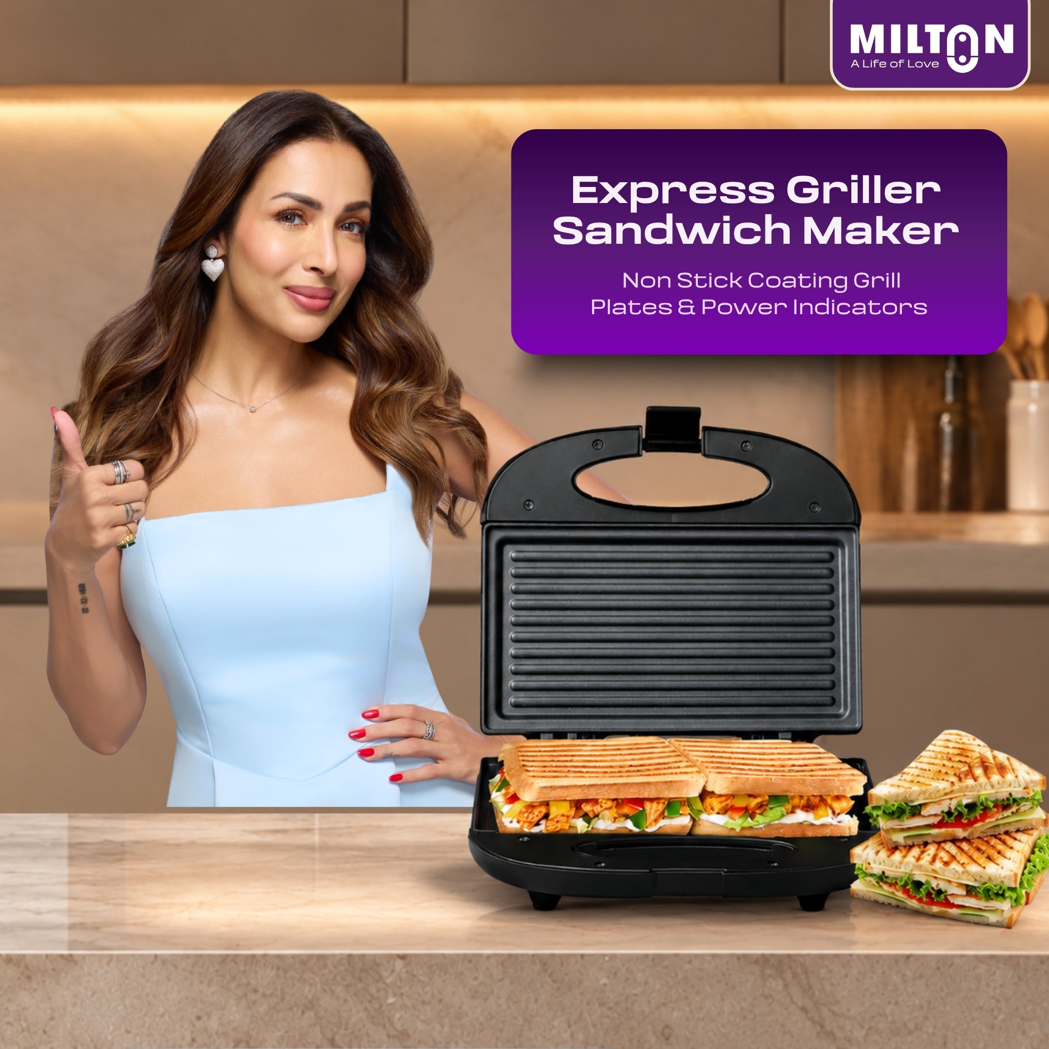 MILTON Express 800 Watt Grill Sandwich Maker | Electric Toaster Griller Sandwich Maker | Non Stick Coating Grill Plates | Power Indicators | 2 Year Warranty | Black