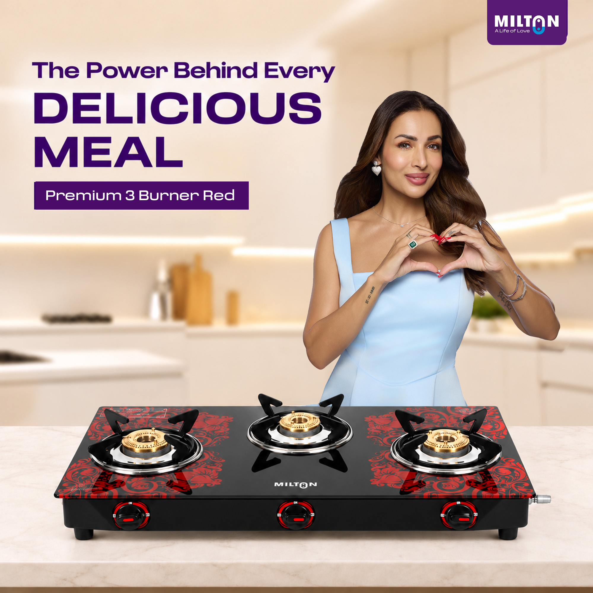 Milton 3 Burner Manual Ignition Gas Stove with 6mm Toughened Red Glass Top, Premium Brass Burners, Heavy Pan Supports & LPG to PNG Compatibility 2Yr Warranty