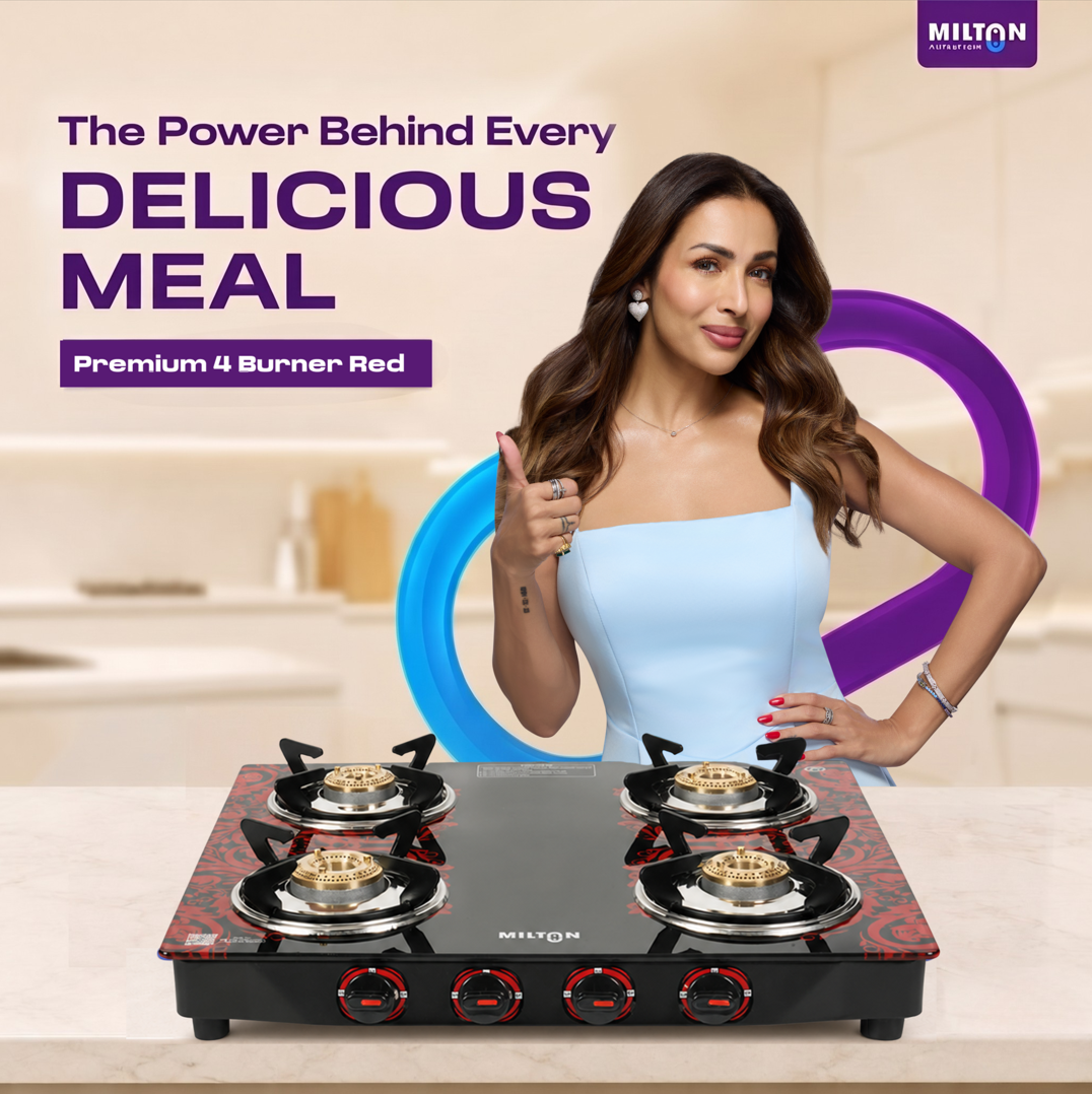 Milton 4 Burner Manual Ignition Gas Stove with 6mm Toughened Glass Top, Premium Brass Burners, Heavy Pan Supports & LPG to PNG Compatibility RED, BLUE, BLACK 2Yr Warranty