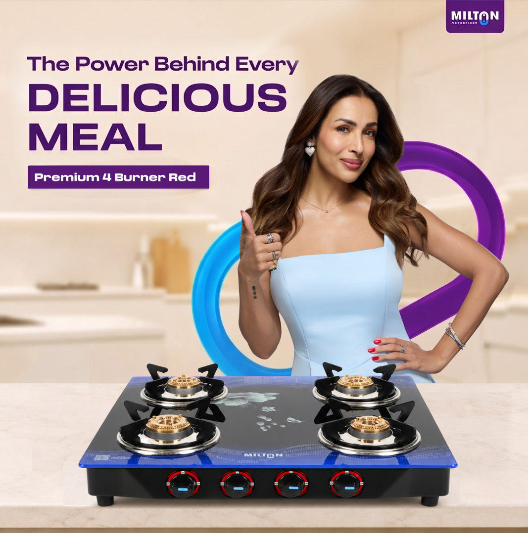 Milton 4 Burner Manual Ignition Gas Stove with 6mm Toughened Glass Top, Premium Brass Burners, Heavy Pan Supports & LPG to PNG Compatibility RED, BLUE, BLACK 2Yr Warranty