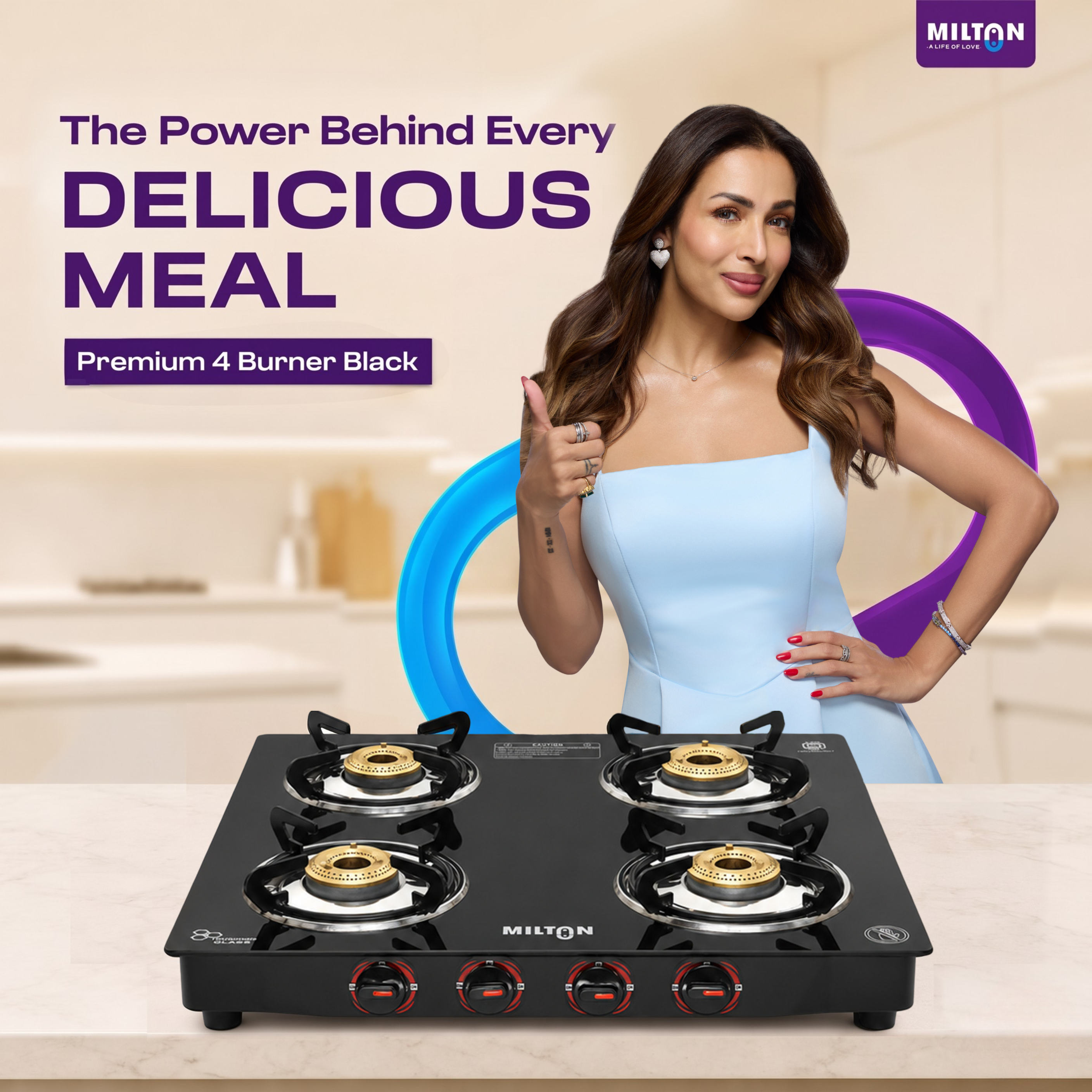 Milton 4 Burner Manual Ignition Gas Stove with 6mm Toughened Glass Top, Premium Brass Burners, Heavy Pan Supports & LPG to PNG Compatibility RED, BLUE, BLACK 2Yr Warranty