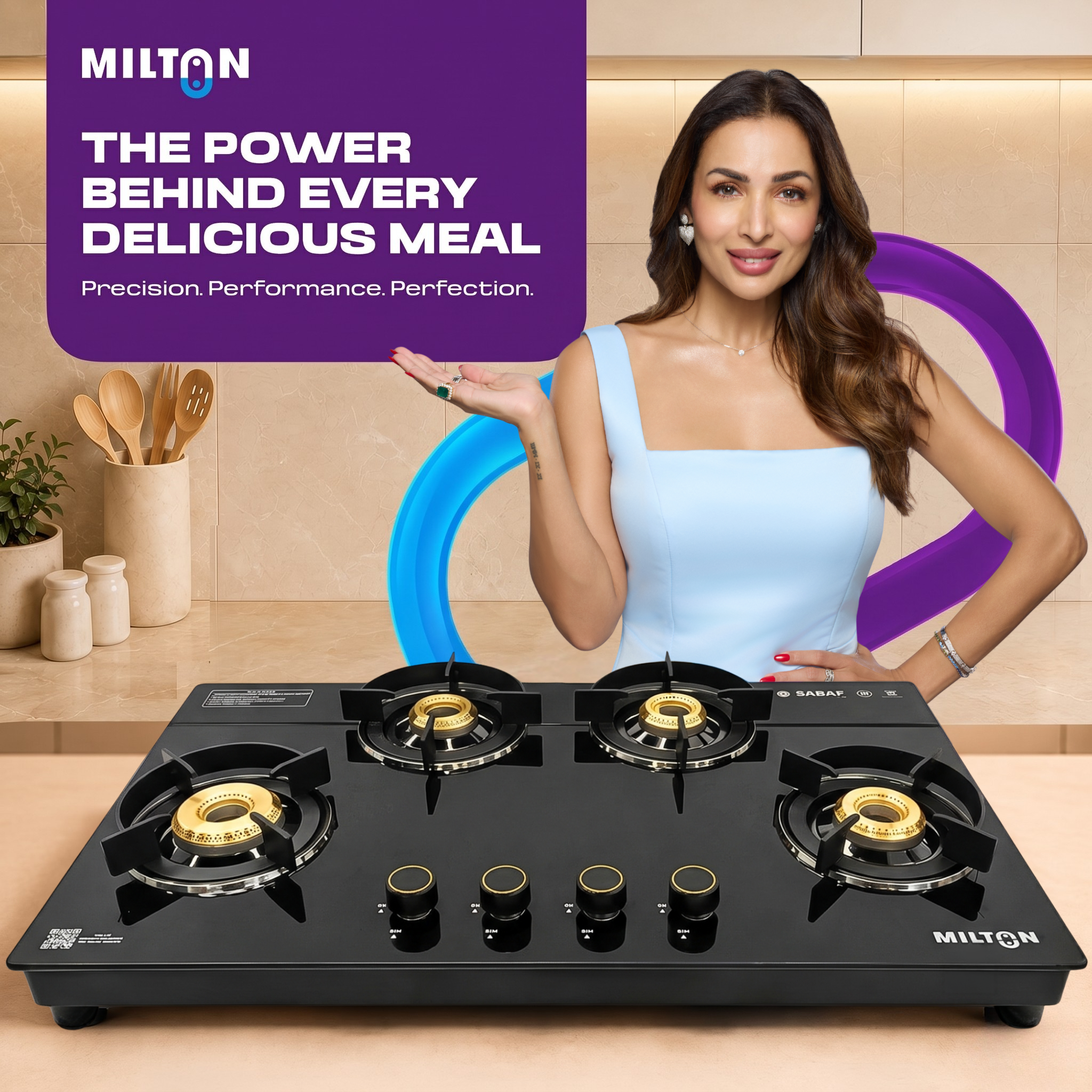 Milton Magnus 4 Burner Gas Stove Hobtop | Manual Ignition Italian SABAF Valves | 8mm Toughened Glass Top | 360° Nozzle | ISI Certified | 5 Years Glass Warranty