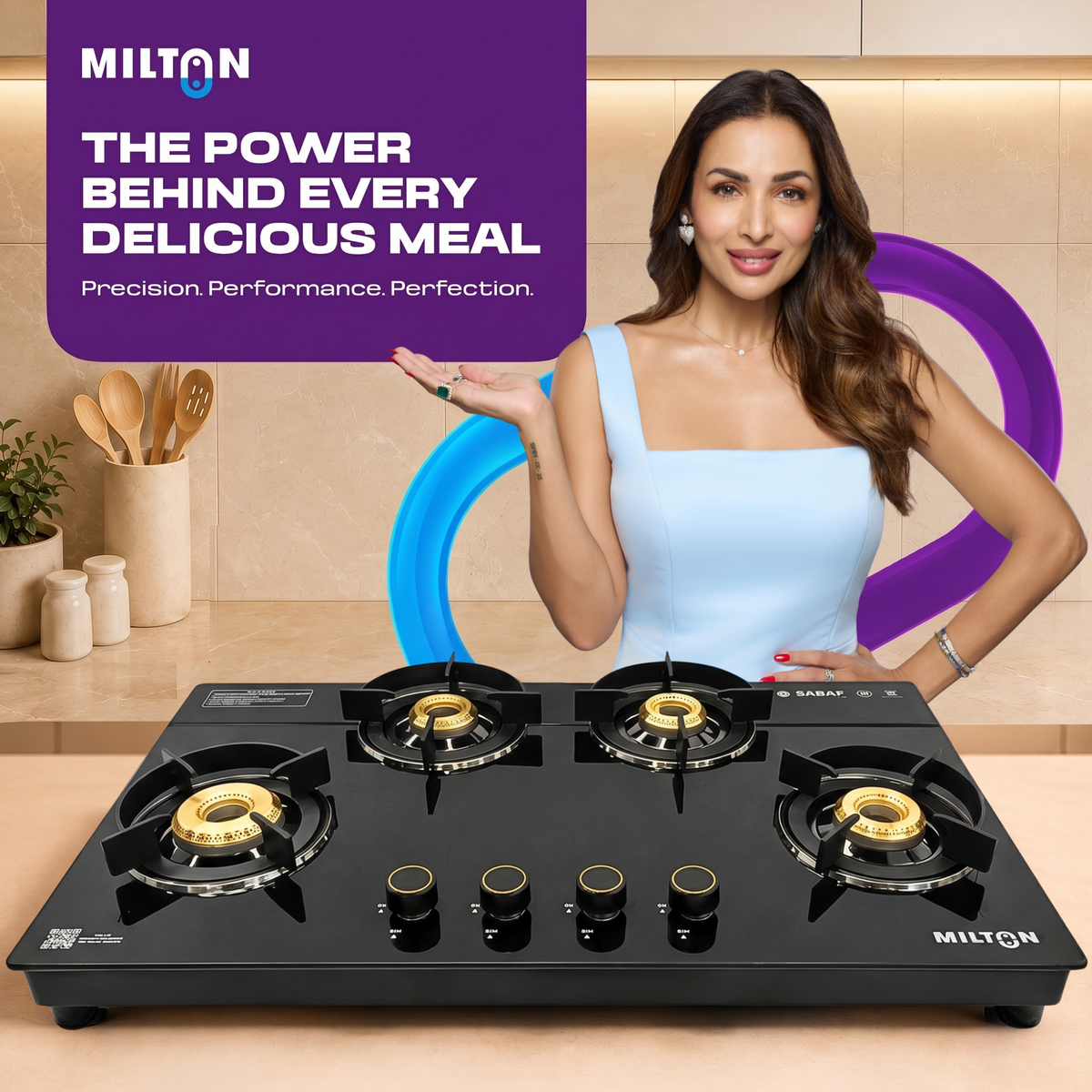 Milton Magnus 4 Burner Gas Stove Hobtop | Manual Ignition Italian SABAF Valves | 8mm Toughened Glass Top | 360° Nozzle | ISI Certified | 5 Years Glass Warranty