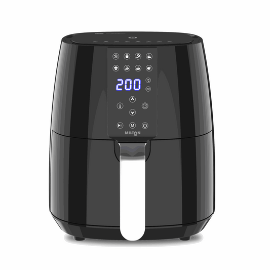 Milton Rapid 4L Air Fryer black with digital touch controls and compact square design.