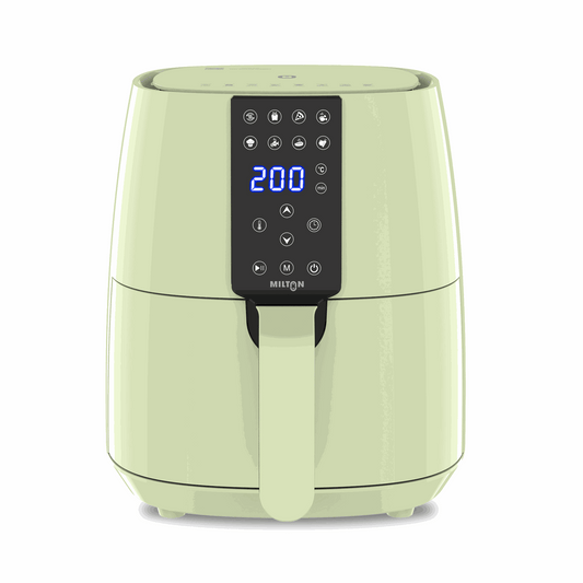 Milton Rapid 4L air fryer green on white background, showing compact digital interface and basket.