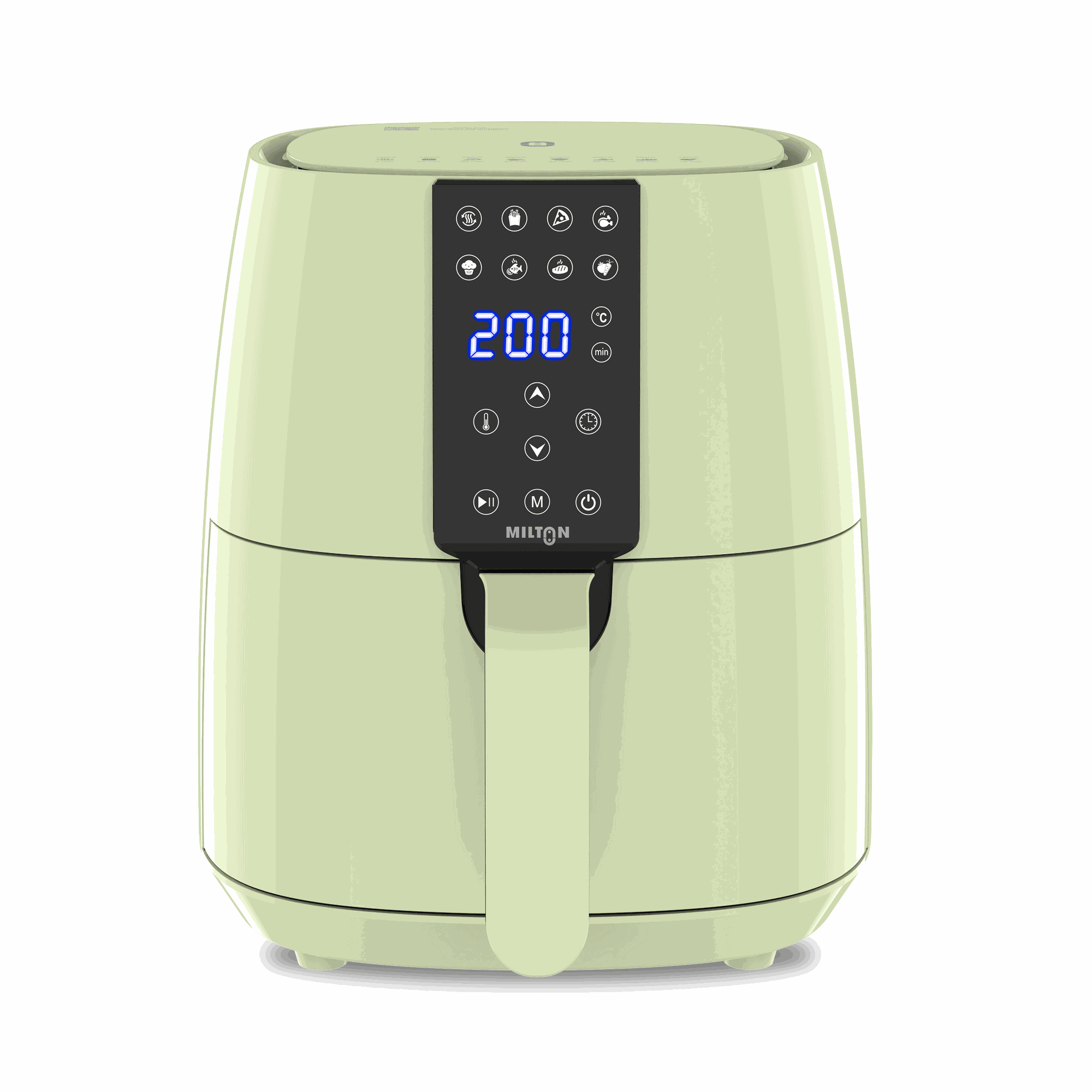Milton Rapid 4L air fryer green on white background, showing compact digital interface and basket.