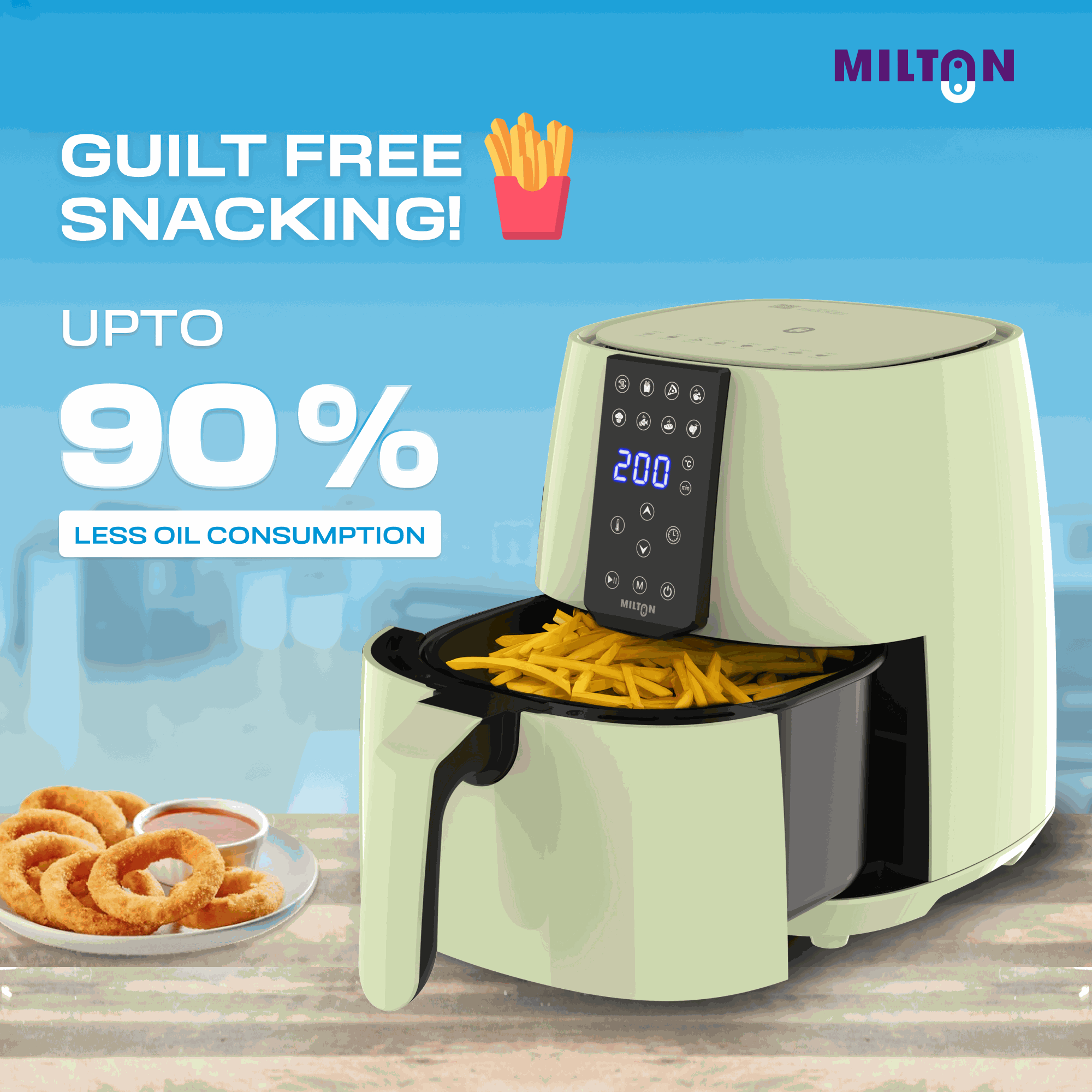 Milton Rapid 4L air fryer green on white background, showing compact digital interface and basket.